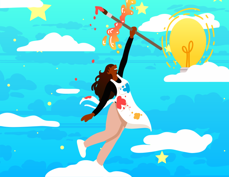 Artist painting creativity and bright ideas into the sky.