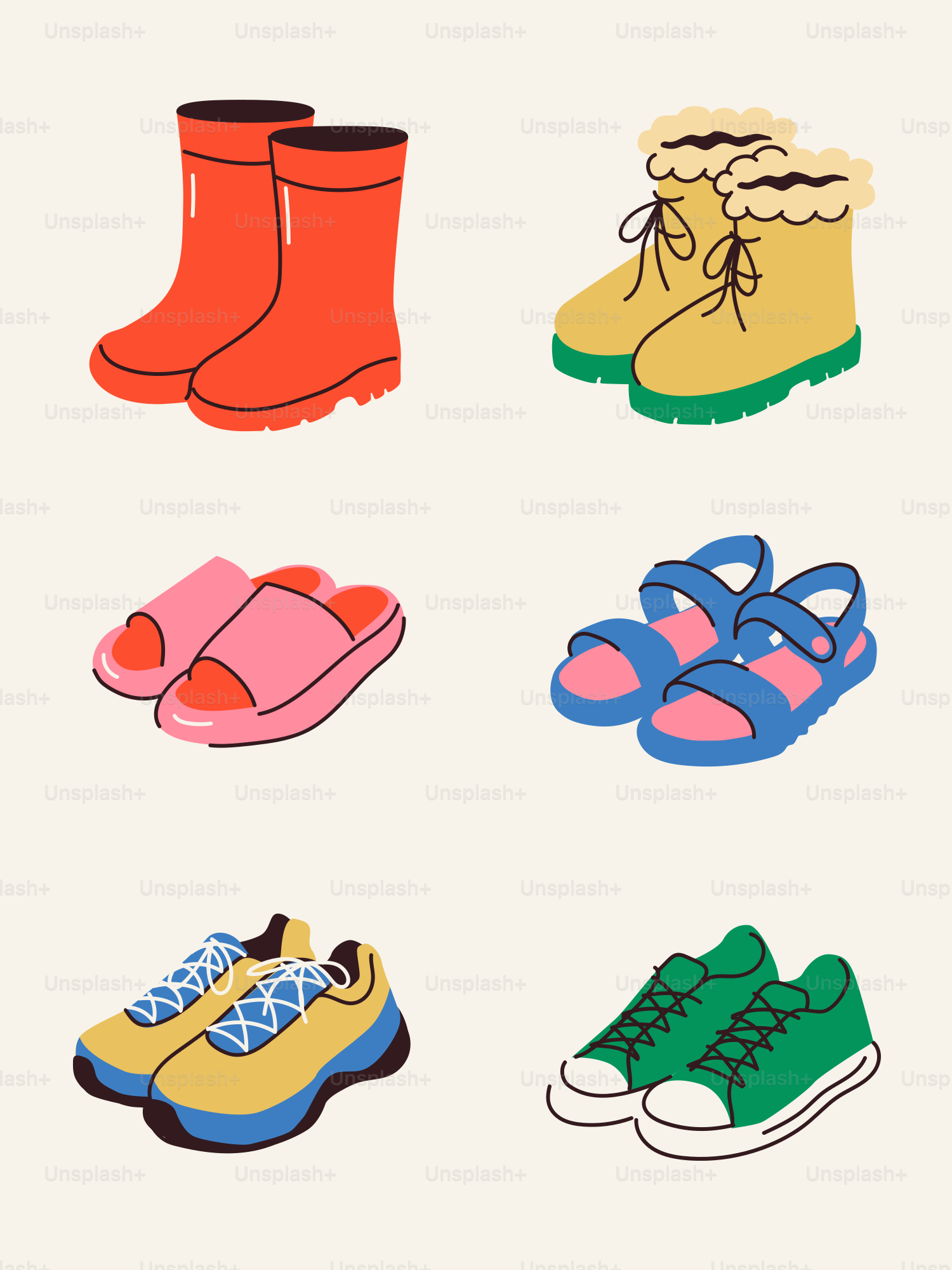 In questa immagine sono illustrati vari tipi di scarpe.