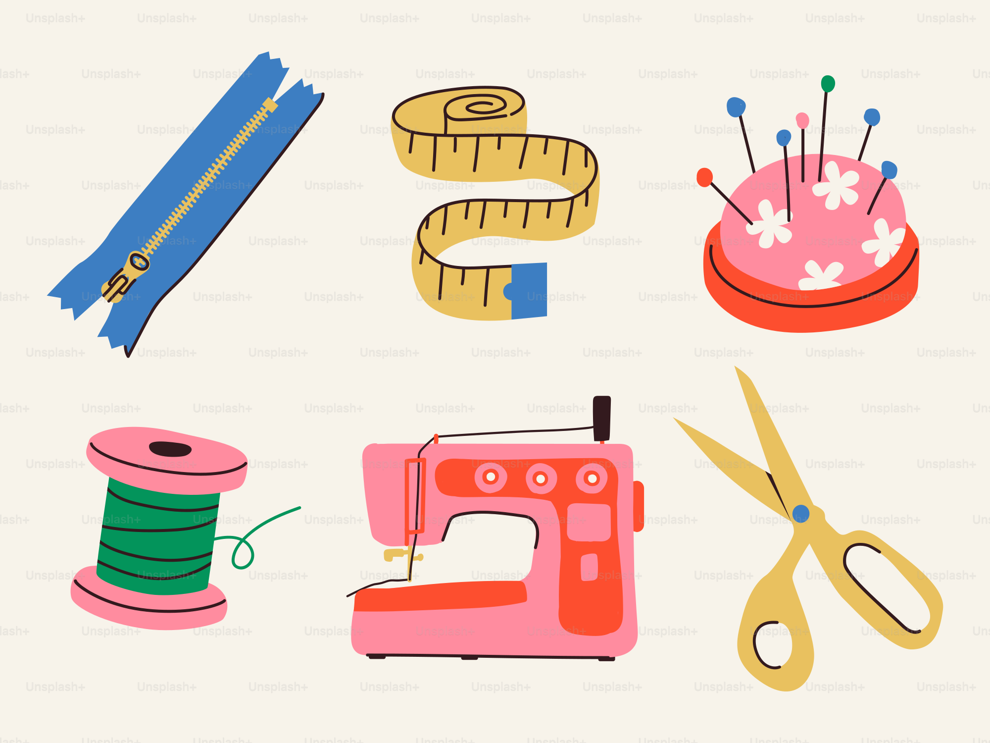 Sewing tools and equipment are neatly arranged.