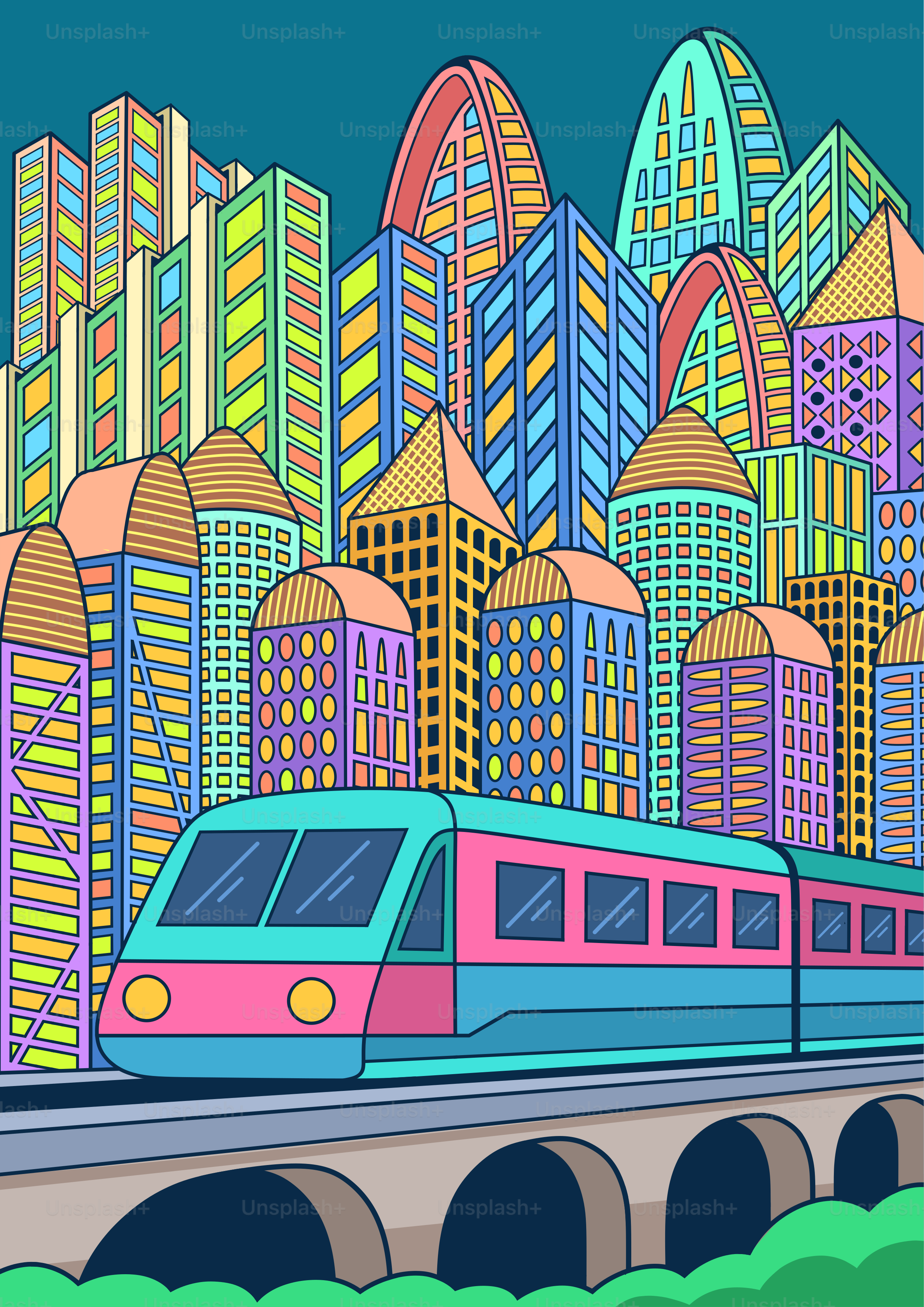Un train traverse une ville colorée.