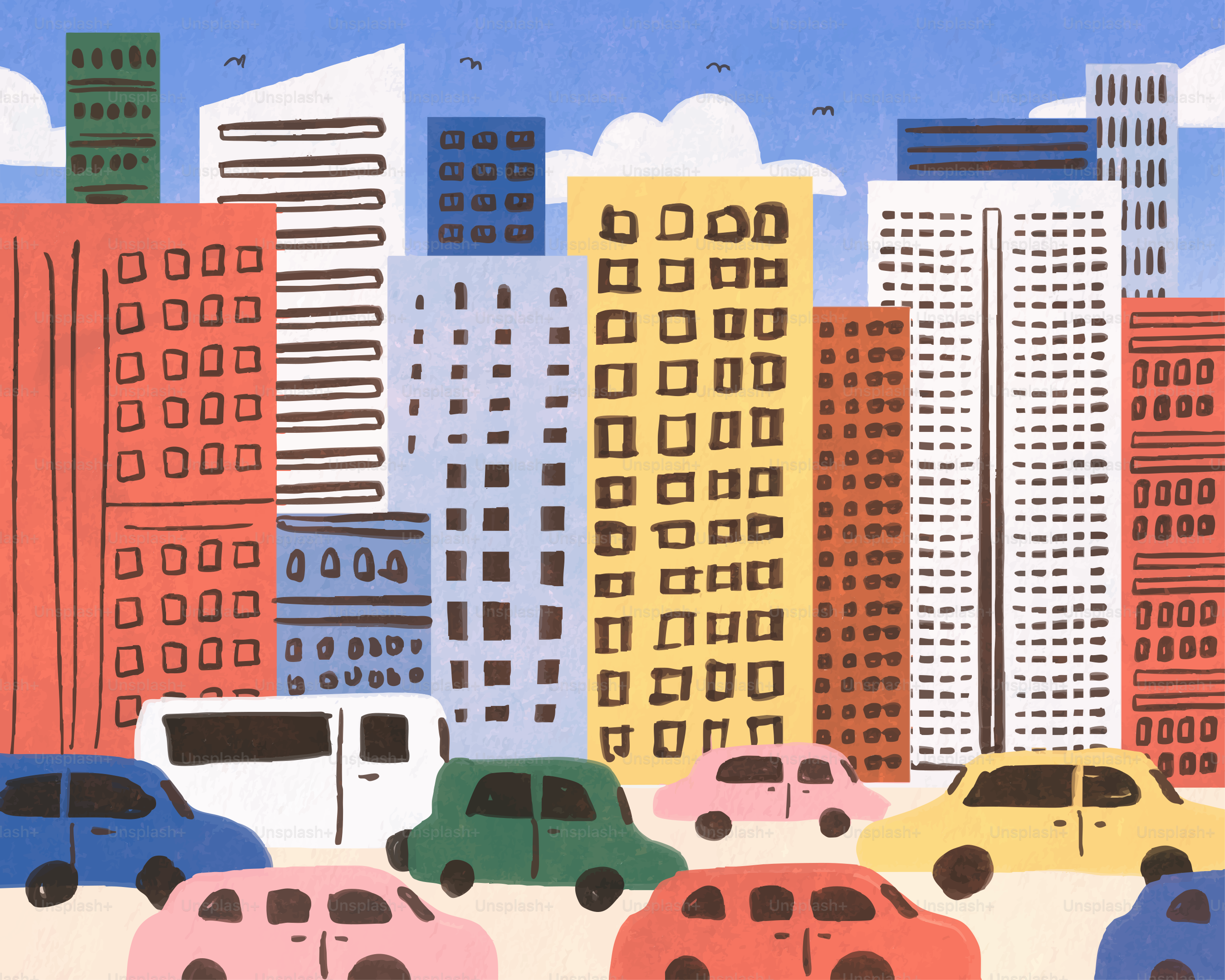 Cars drive through a colorful cityscape with high-rises.