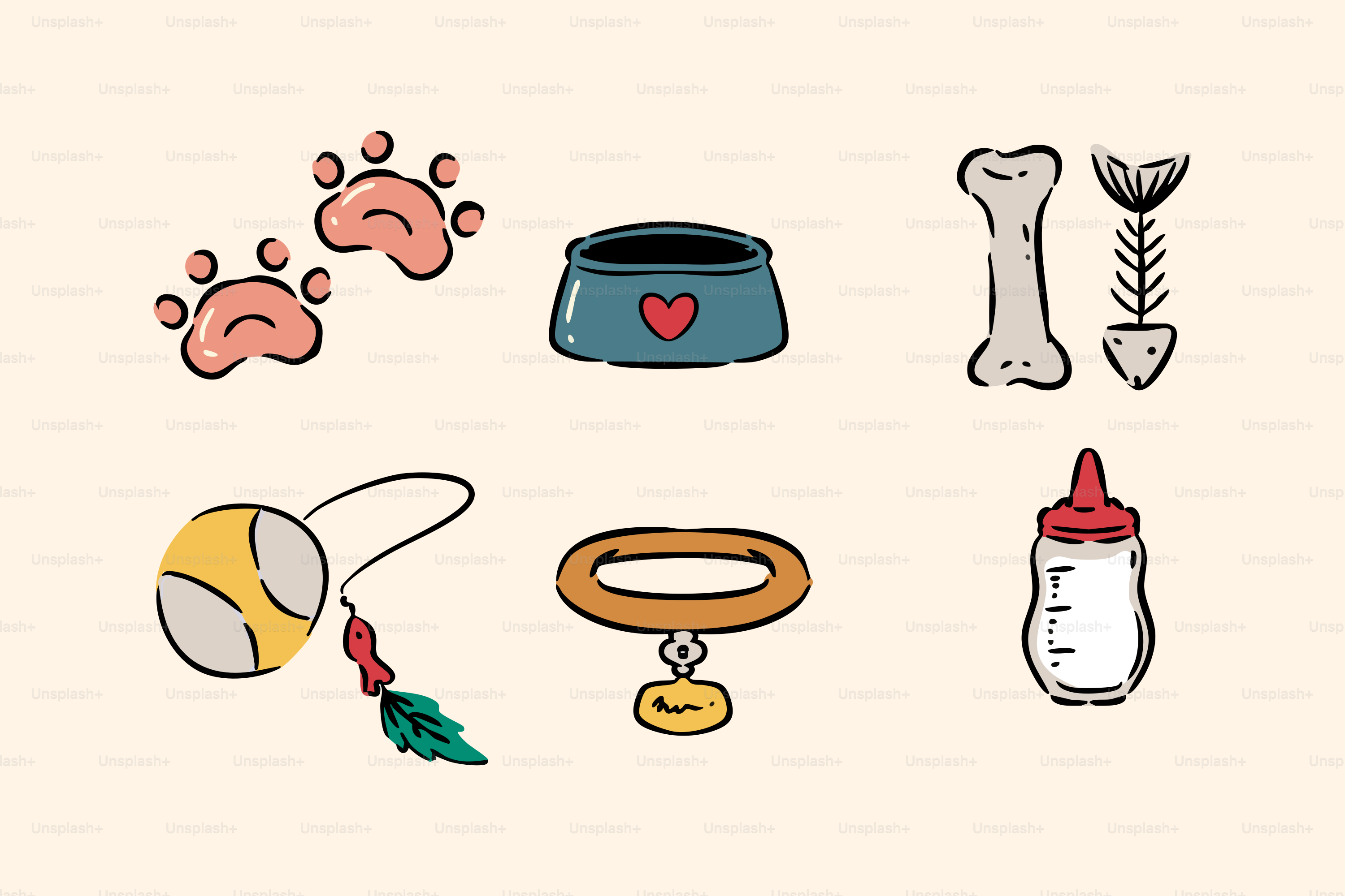 Pet toys, bowl, bones, and accessories are illustrated.