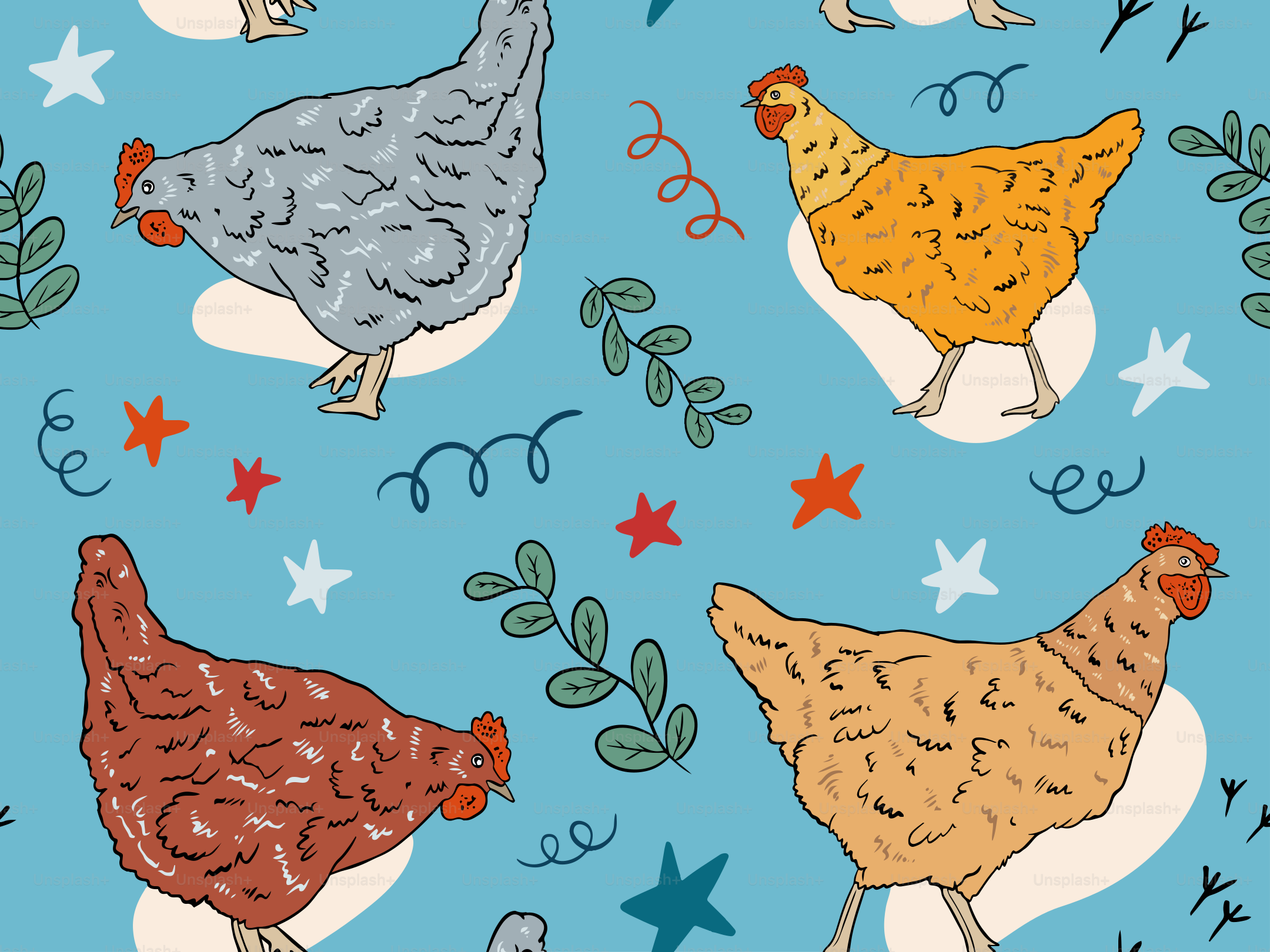 Polli colorati su sfondo blu.