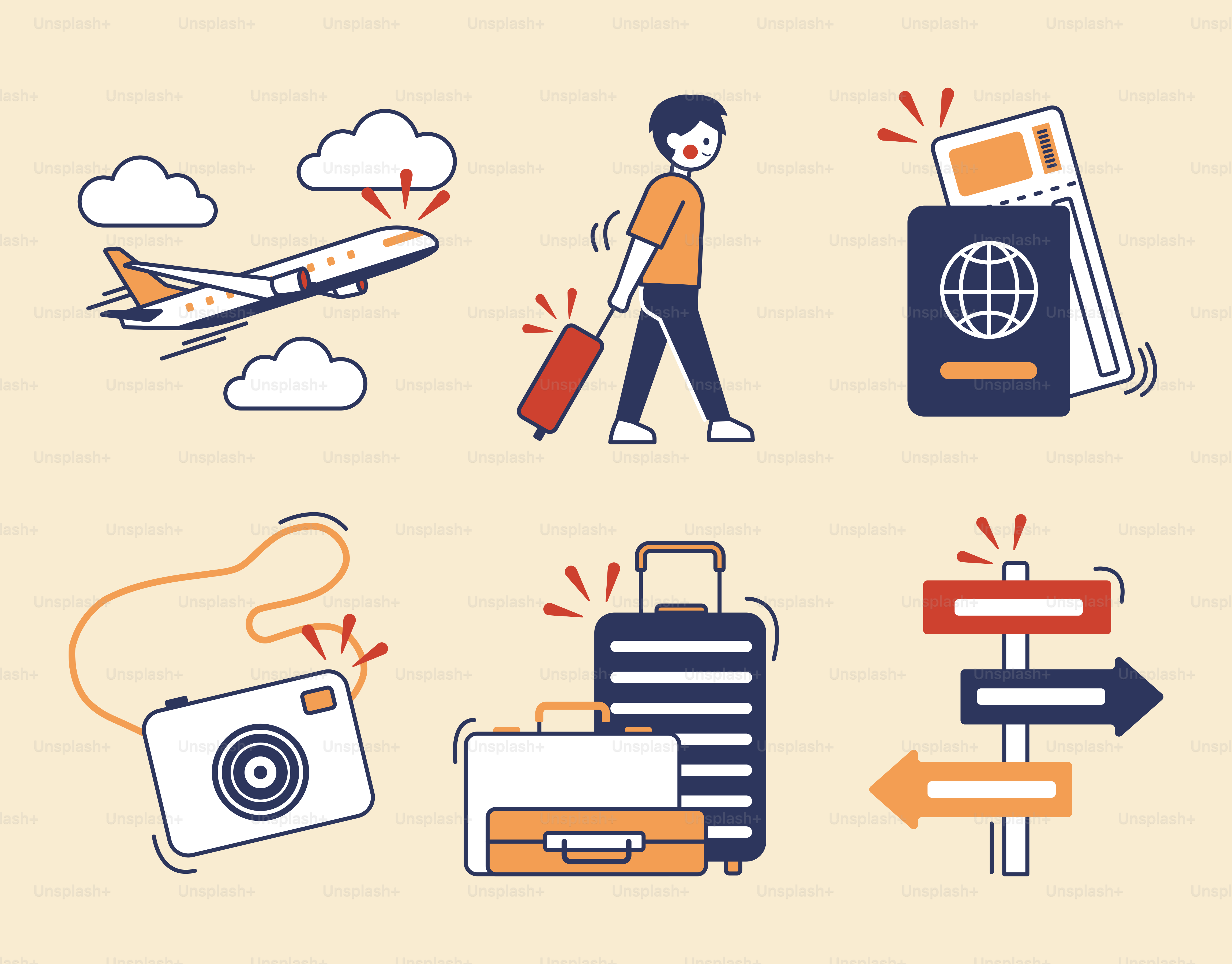 Iconos de viaje que muestran varios objetos relacionados con viajes.