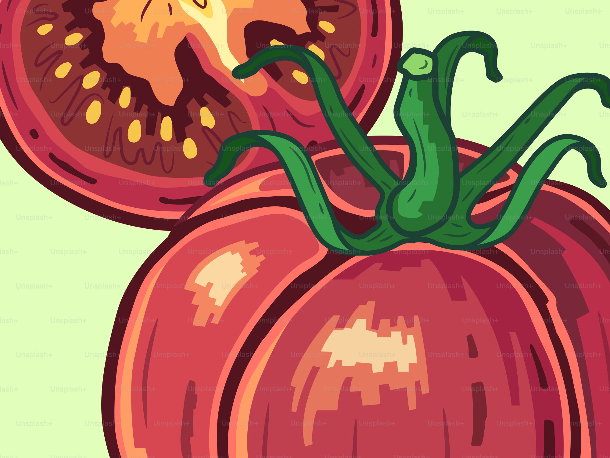 Eine frische Tomate, halbiert.