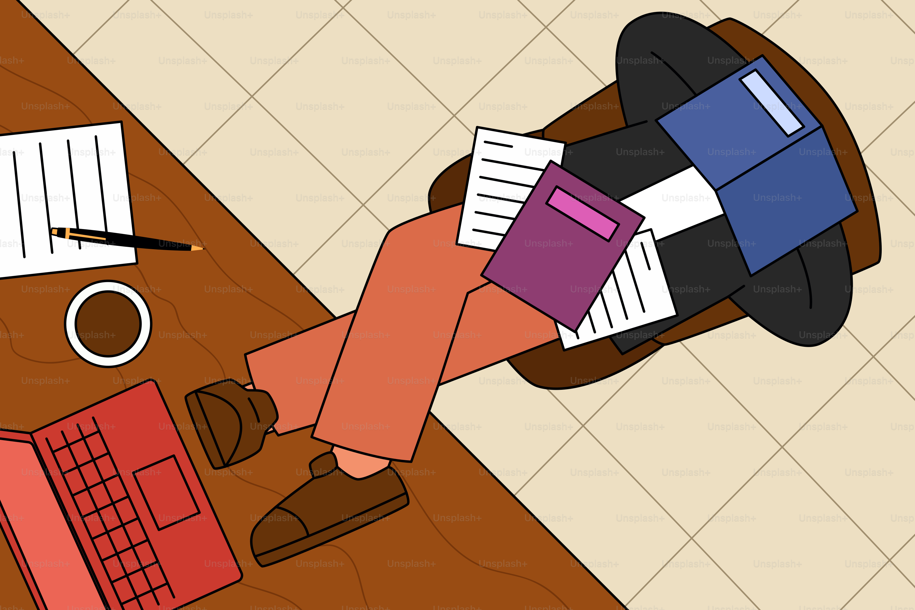 Quelqu’un se repose avec des livres et des documents.