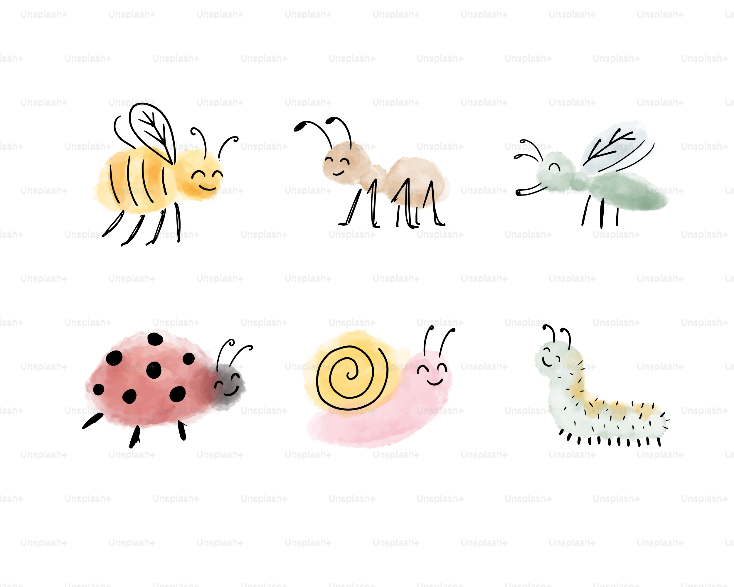 Ilustrações fofas de insetos sorridentes.