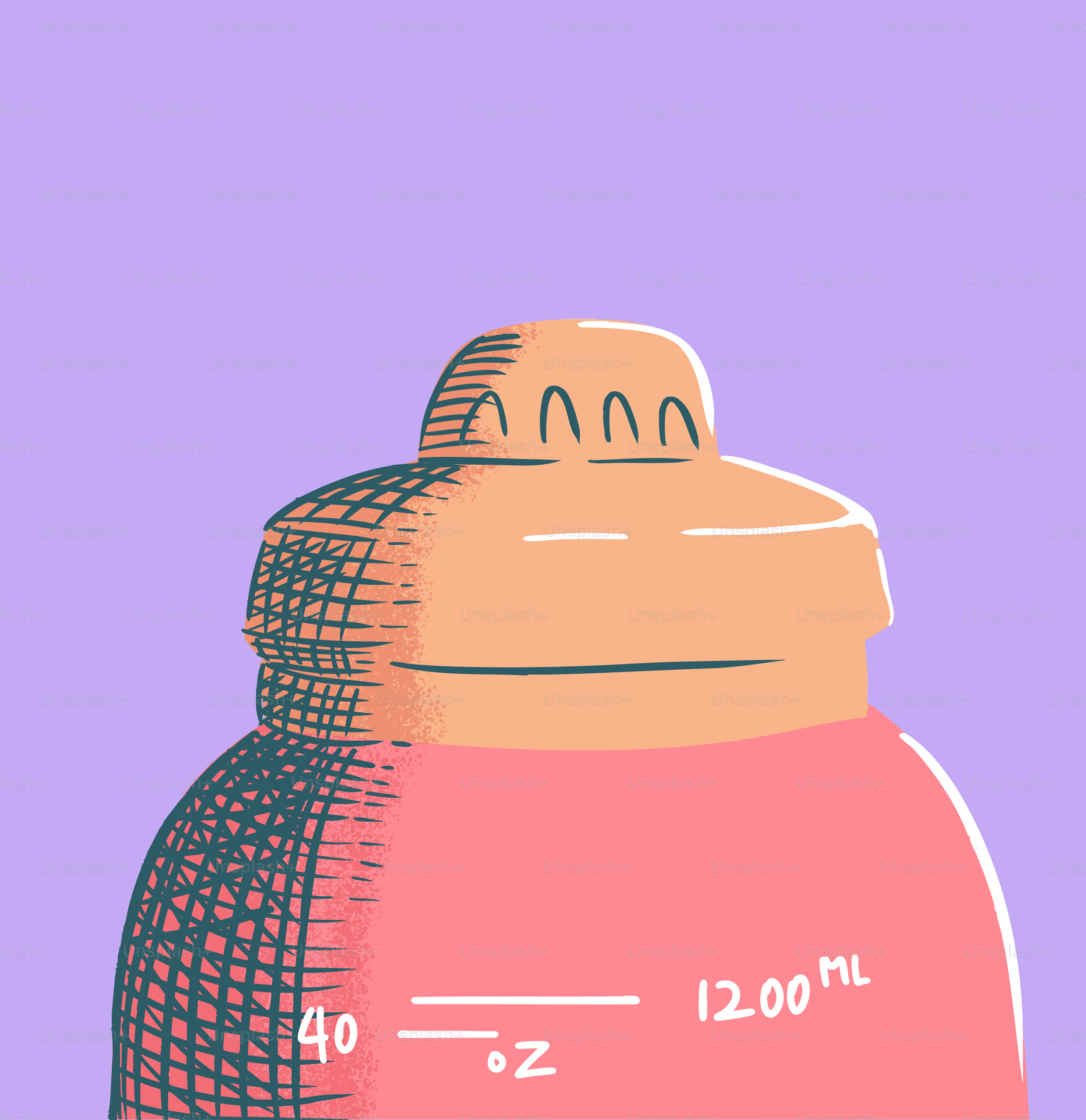 A pink bottle is drawn against a purple background.
