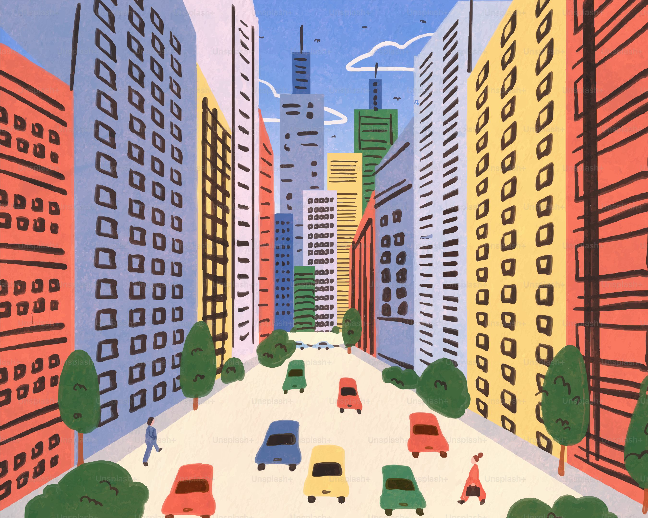 Une illustration colorée d’une rue de la ville.