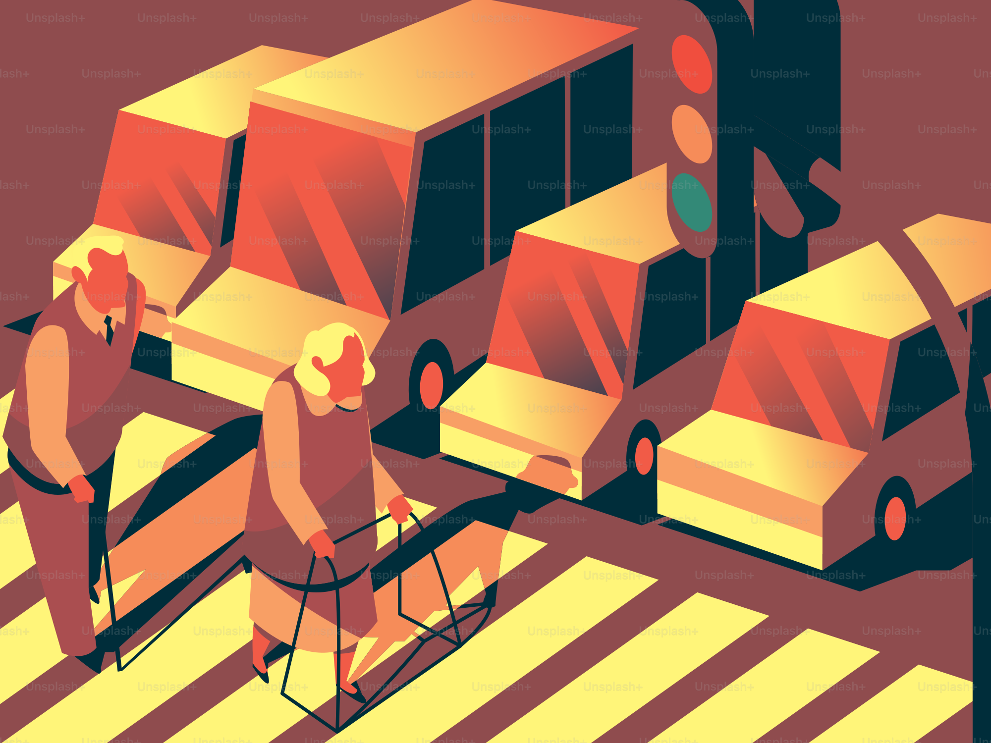 Elderly pedestrians cross a busy street.