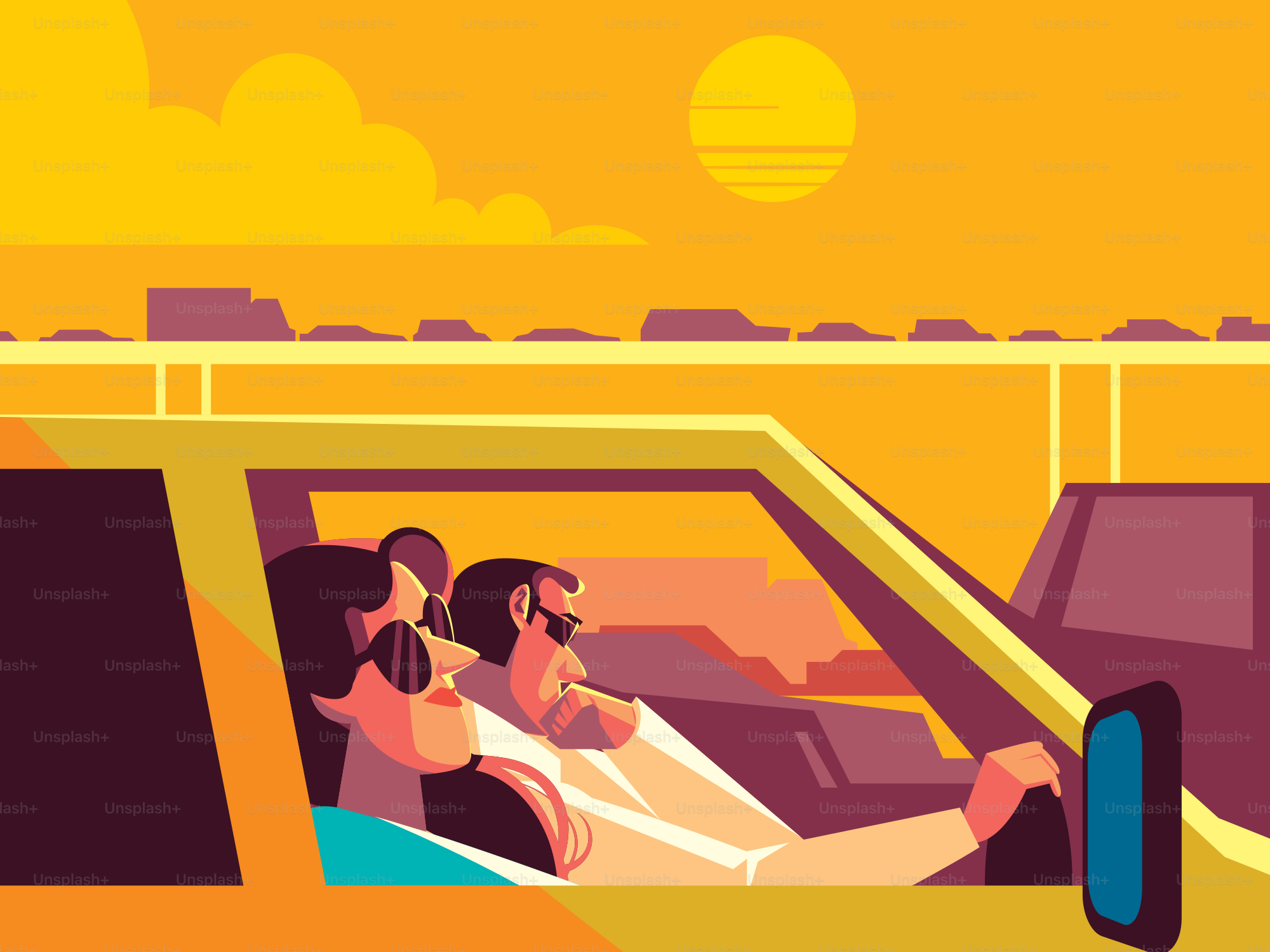 Two people are driving into the sunset.