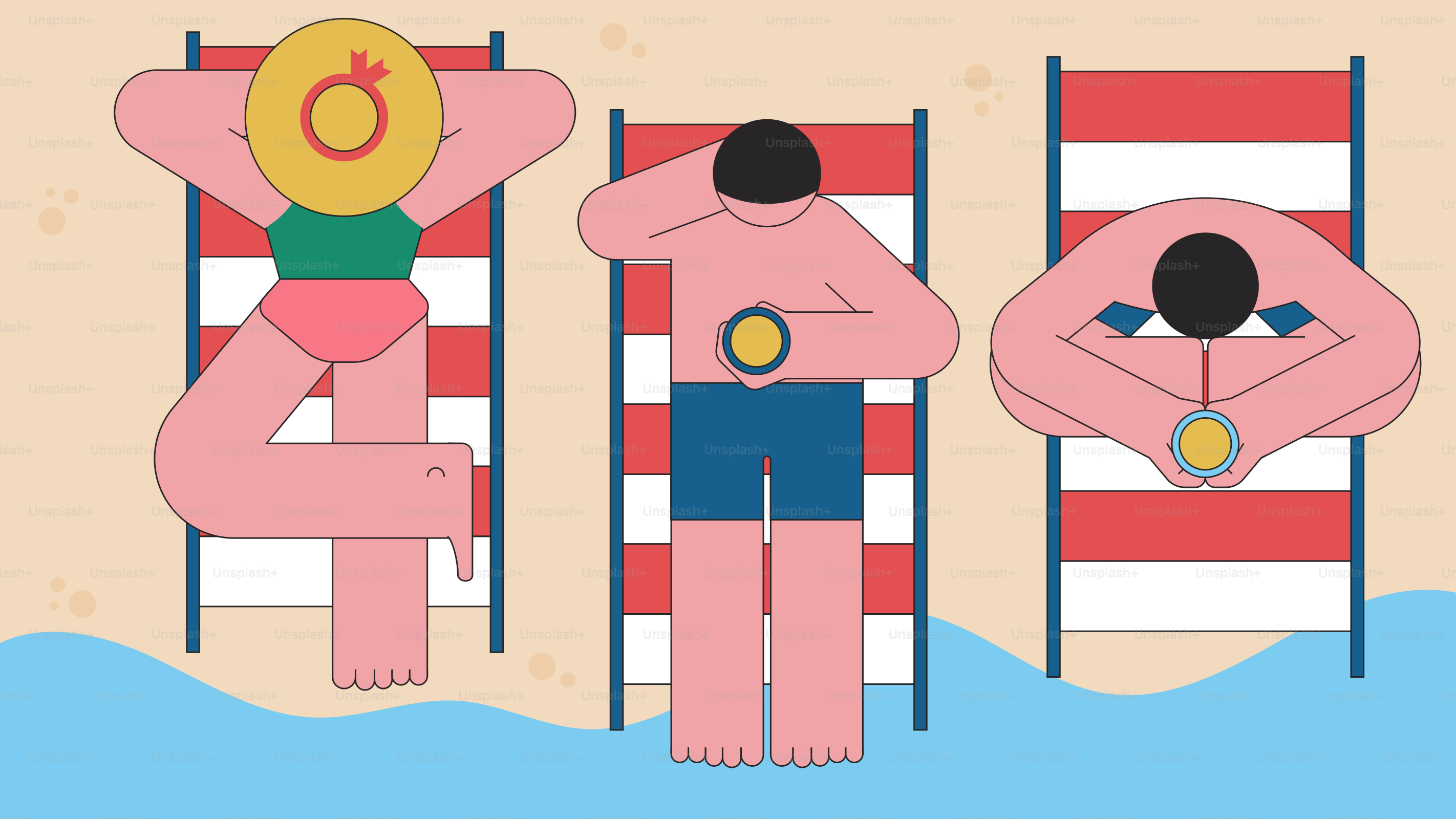 People sunbathing on beach chairs at the beach.