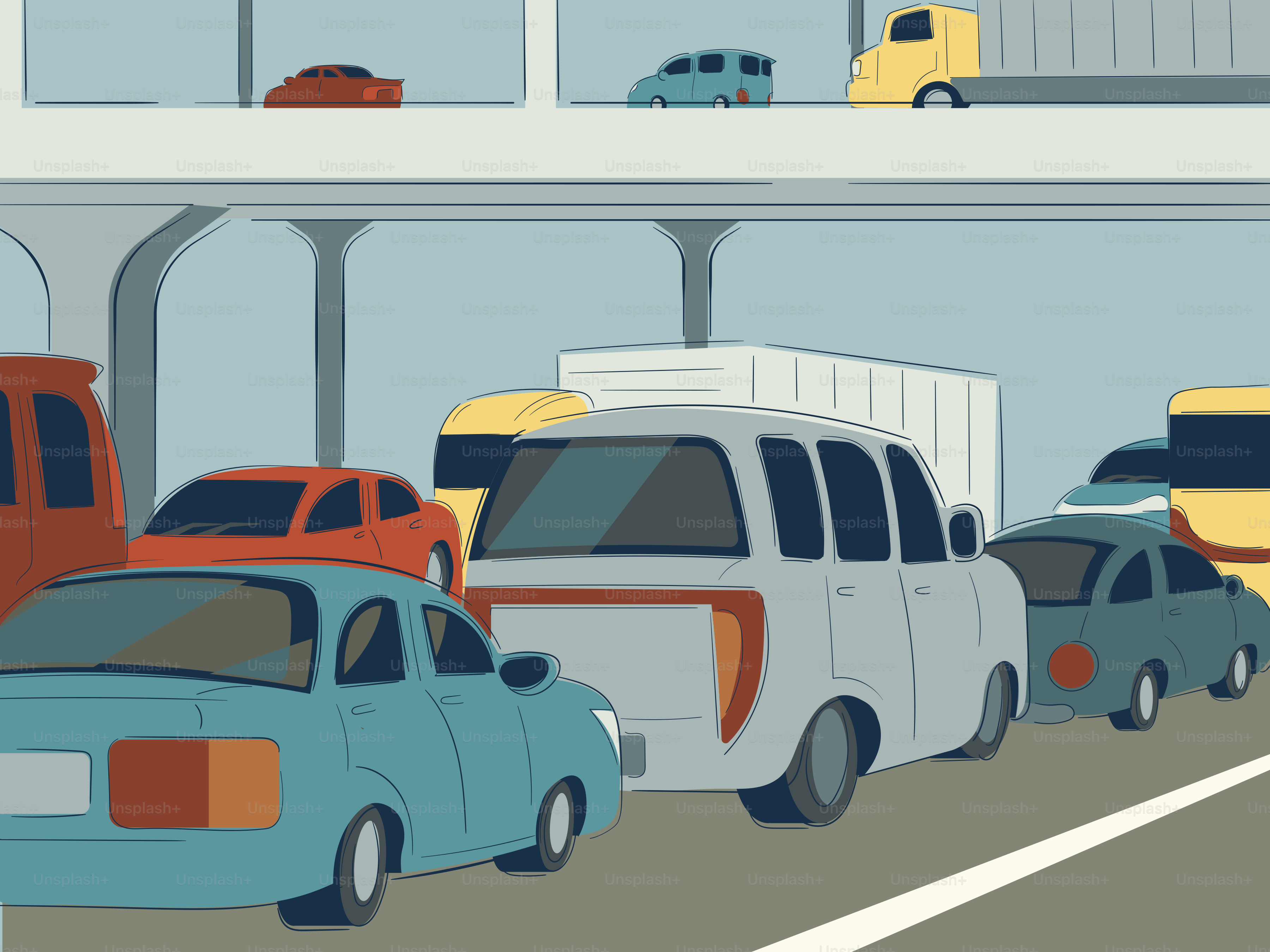 Cars are stuck in traffic under an overpass.