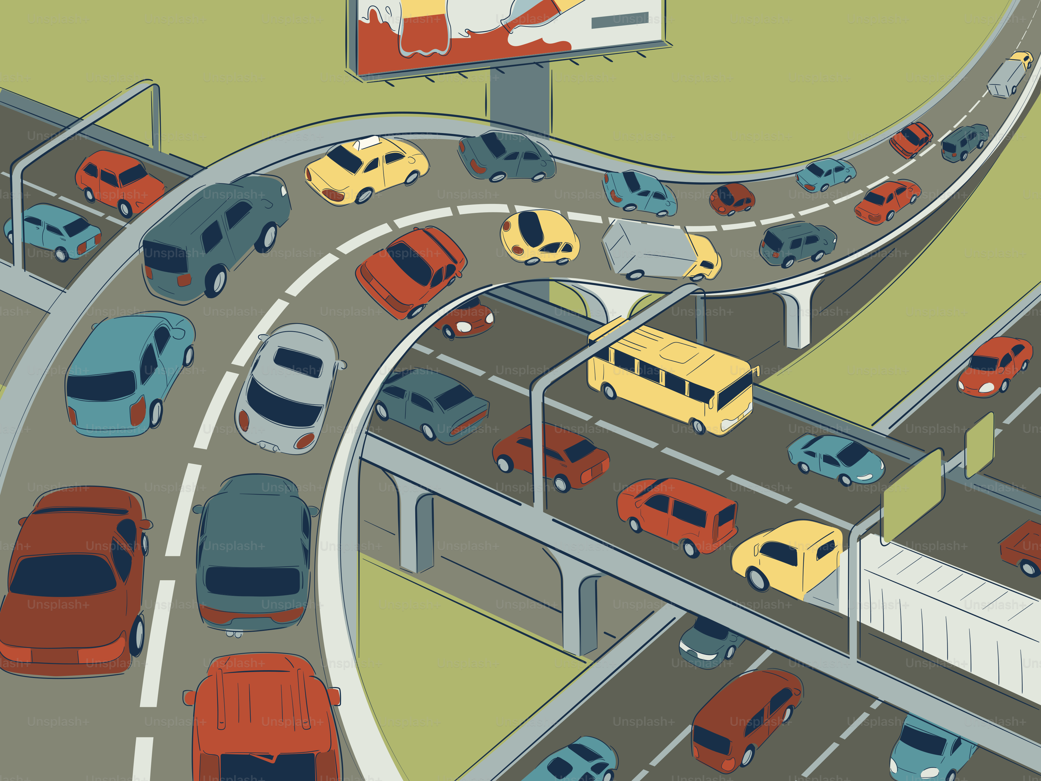 Cars are stuck in heavy traffic on an overpass.