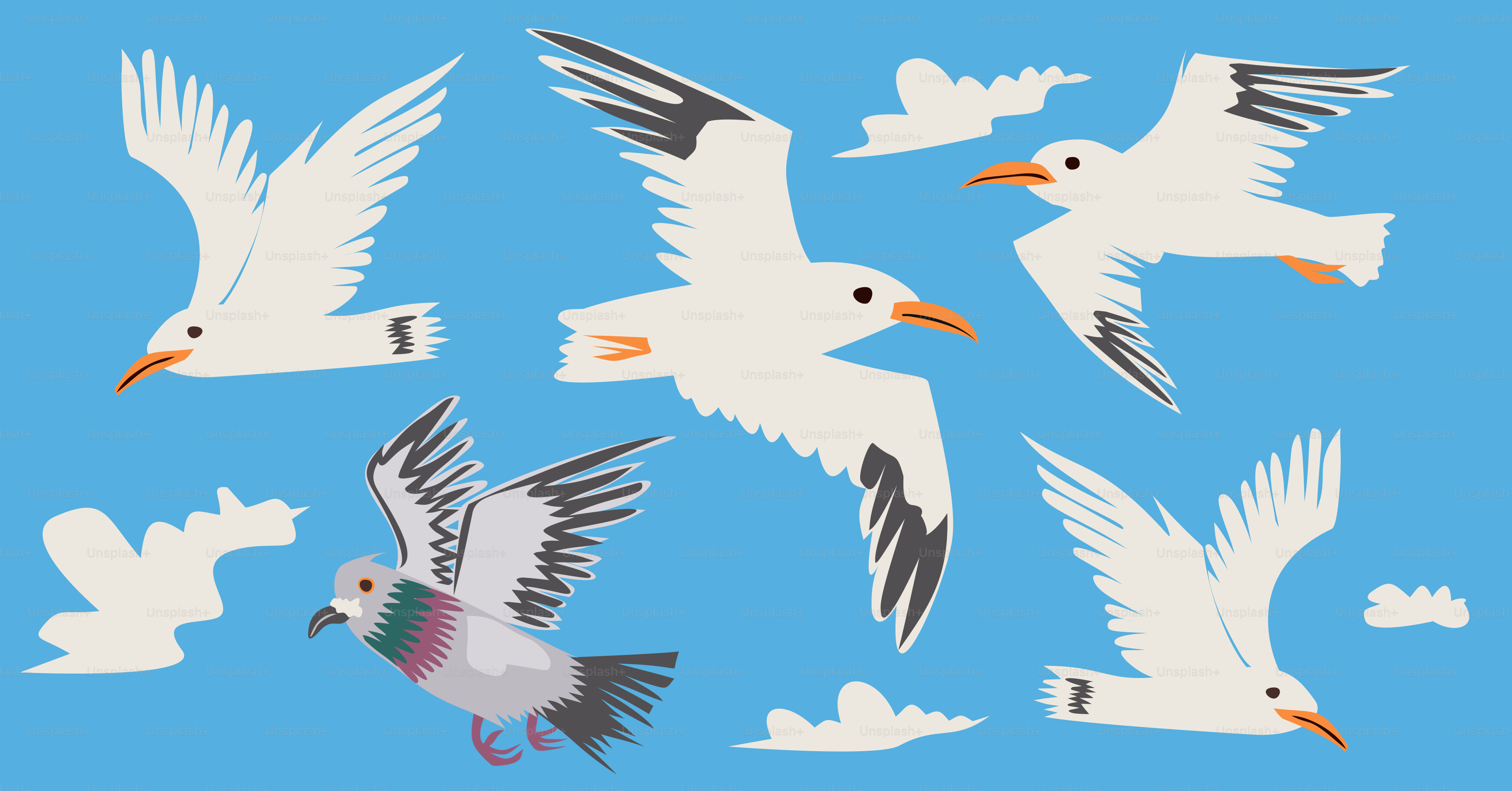 Seagulls and a pigeon fly against a blue sky.