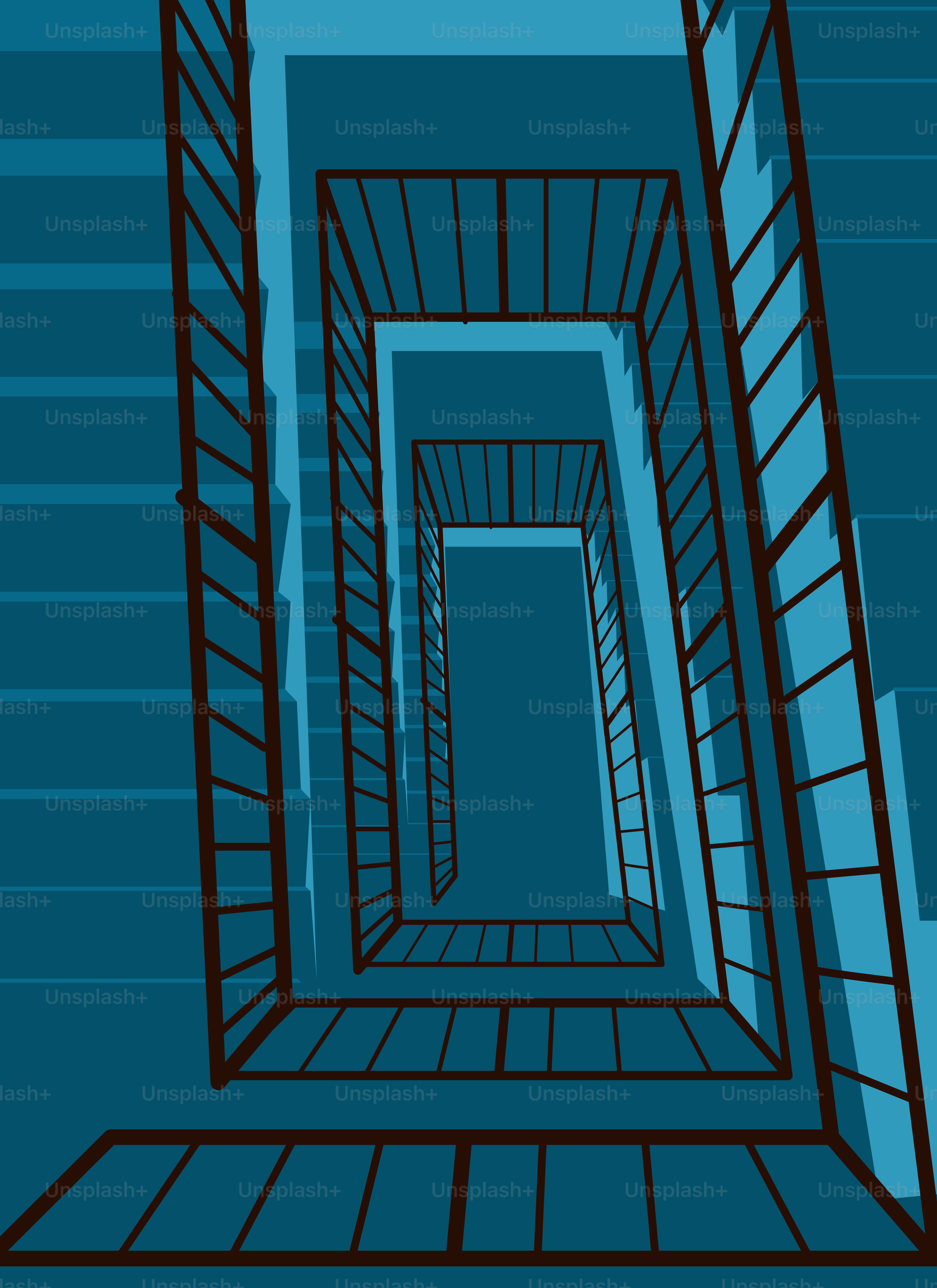 Vue vers le bas d’un escalier bleu sarcelle et brun.