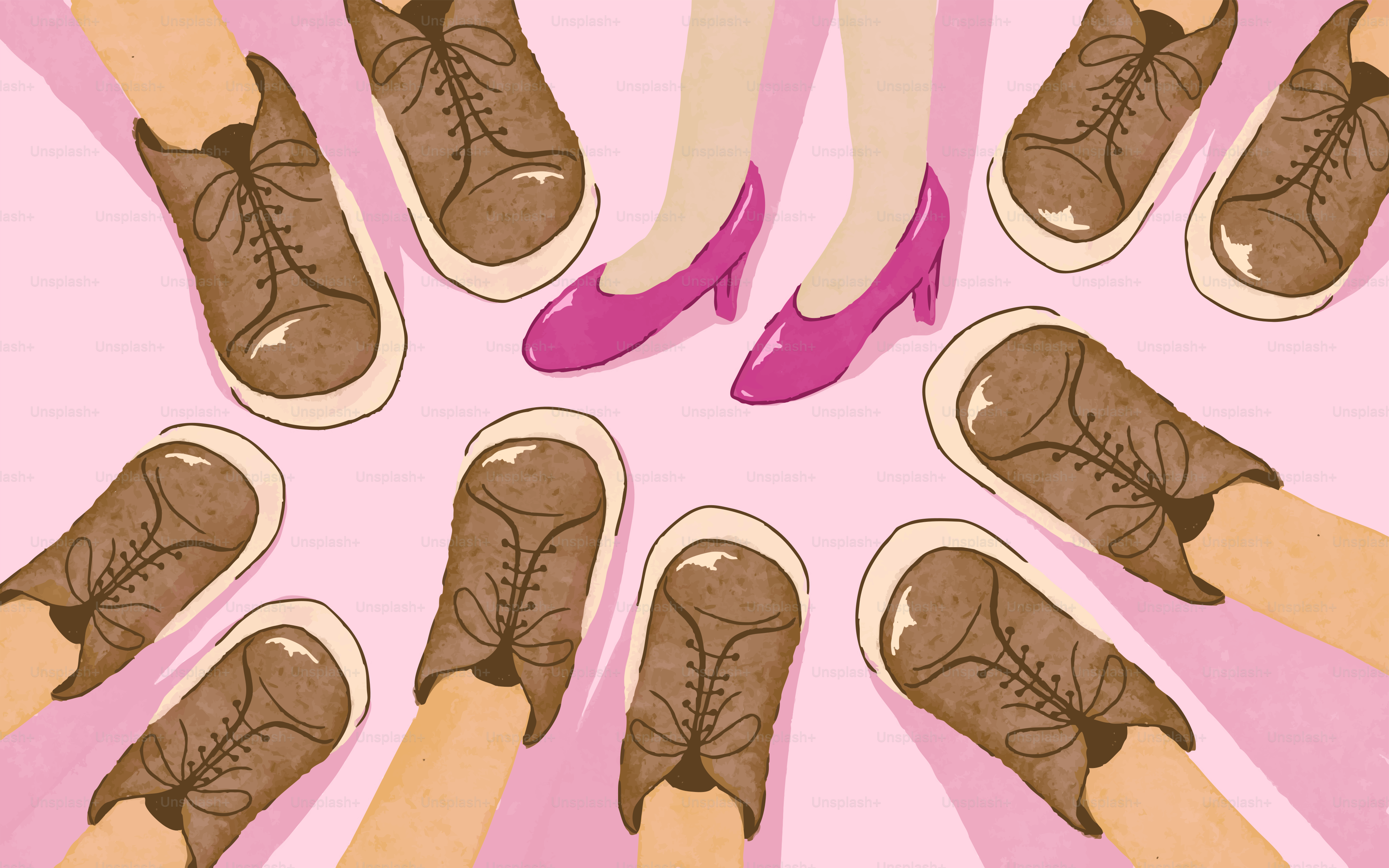 Pink heels surrounded by many brown shoes.
