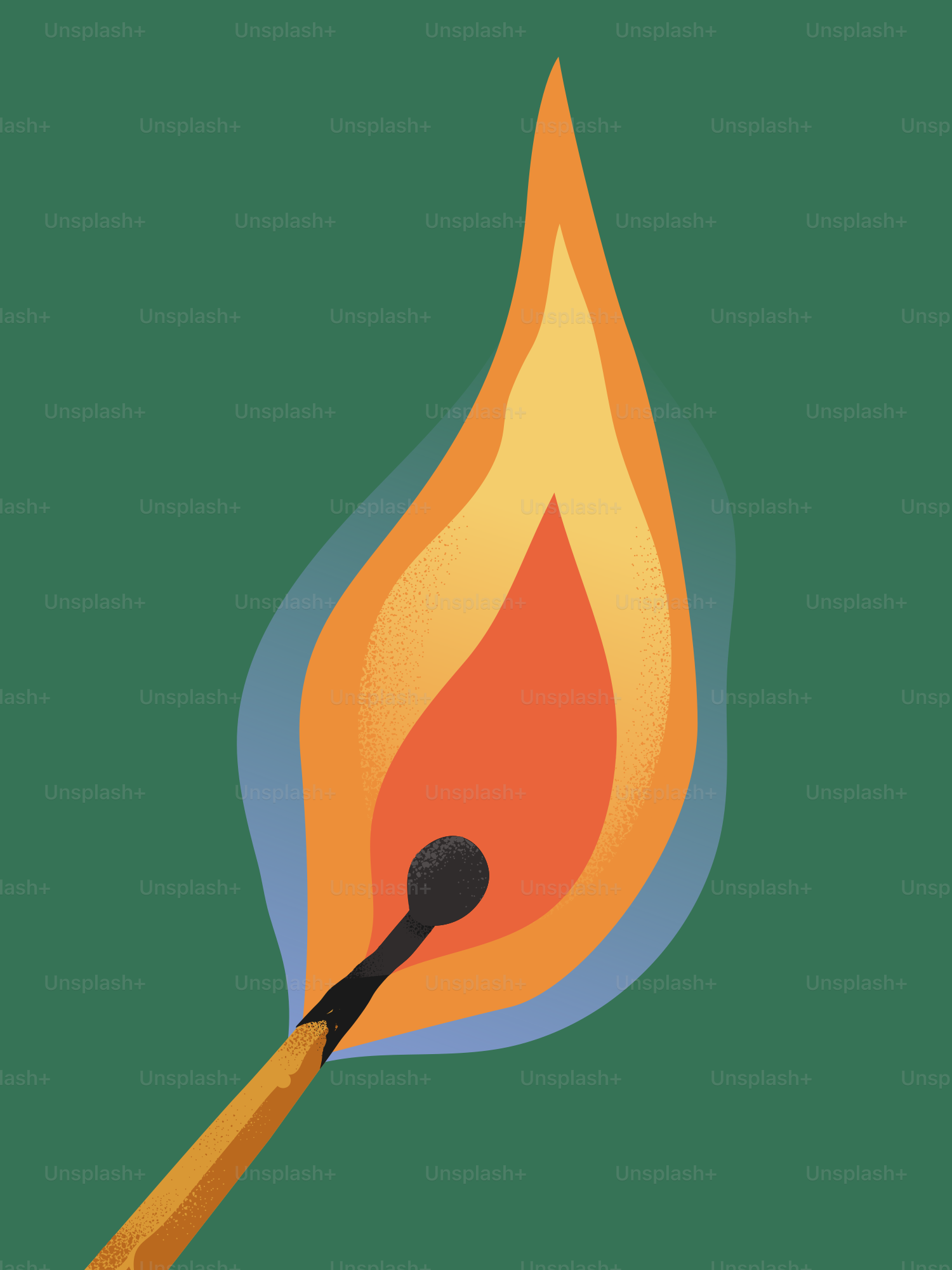 A burning match against a green background.