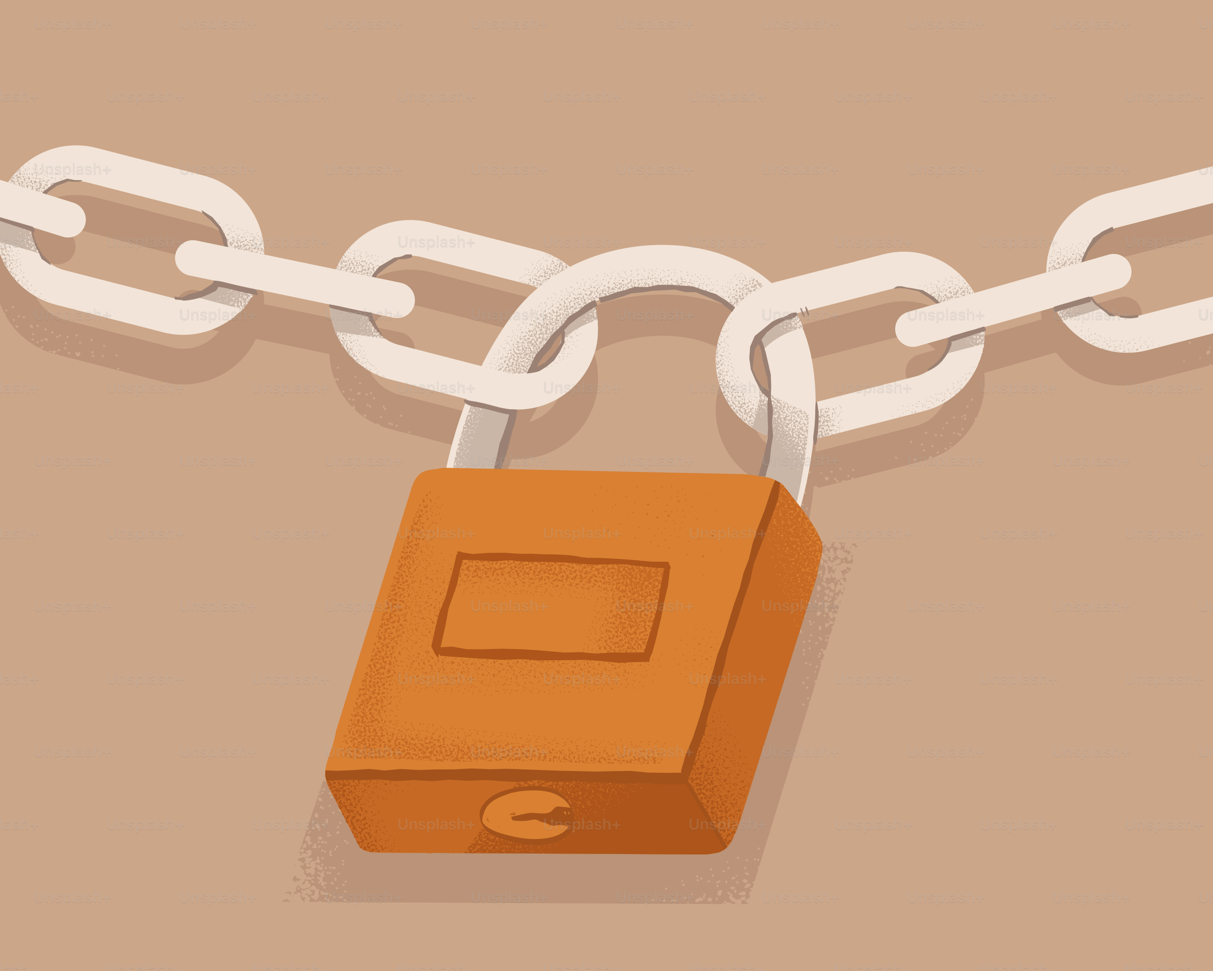 Ein Schloss sichert eine Kette vor braunem Hintergrund.