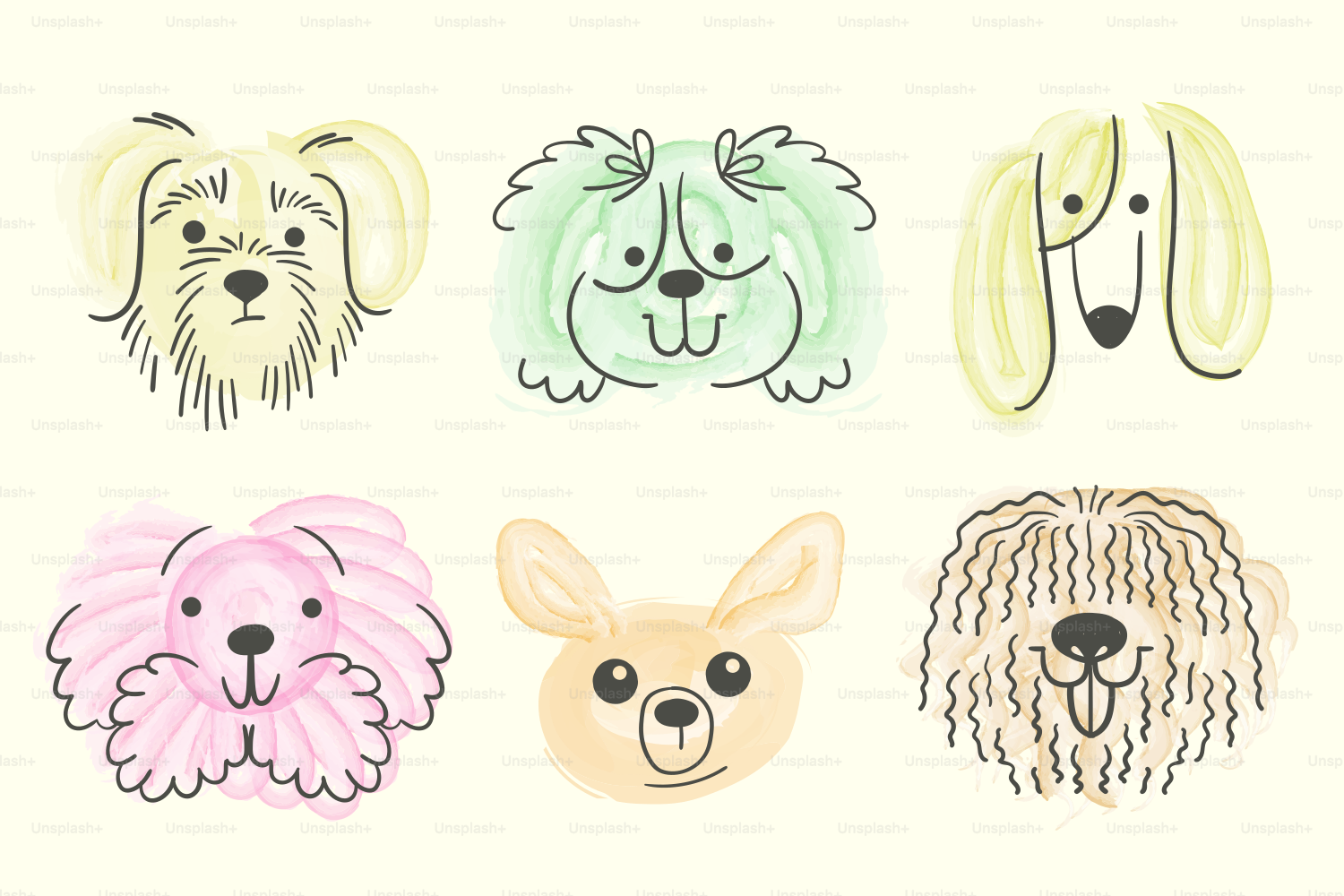 Cute watercolor illustrations of different dog breeds.