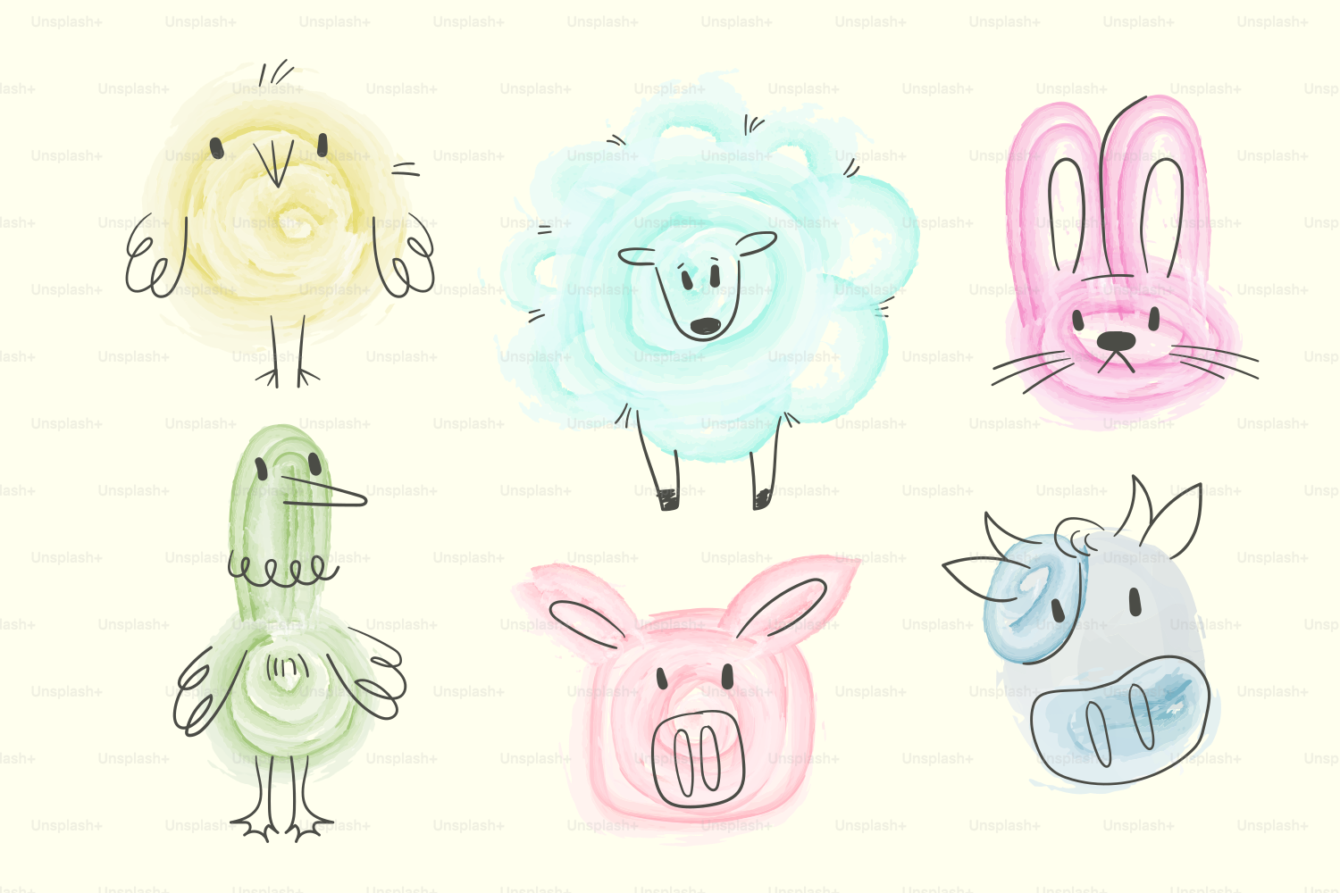 Watercolor farm animals look cheerful and cute.