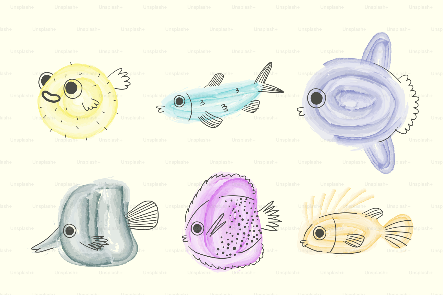Watercolor illustration of various cute fish species.