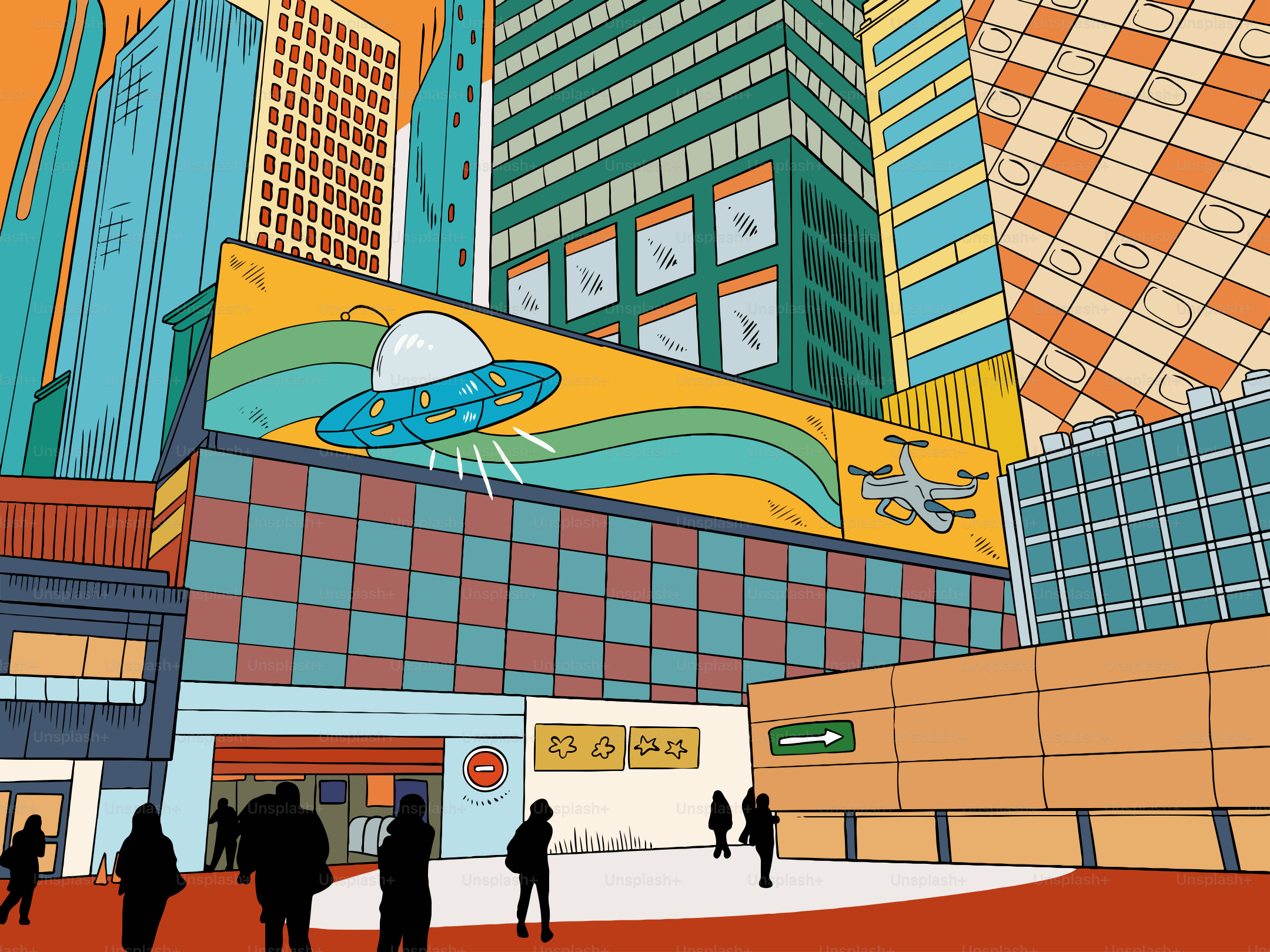 Cityscape representa un edificio con un mural de ovnis