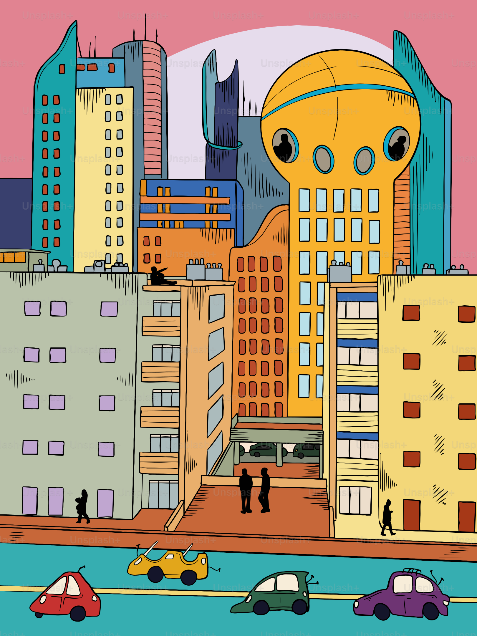 A colorful cityscape with futuristic buildings. vector – City Image on ...