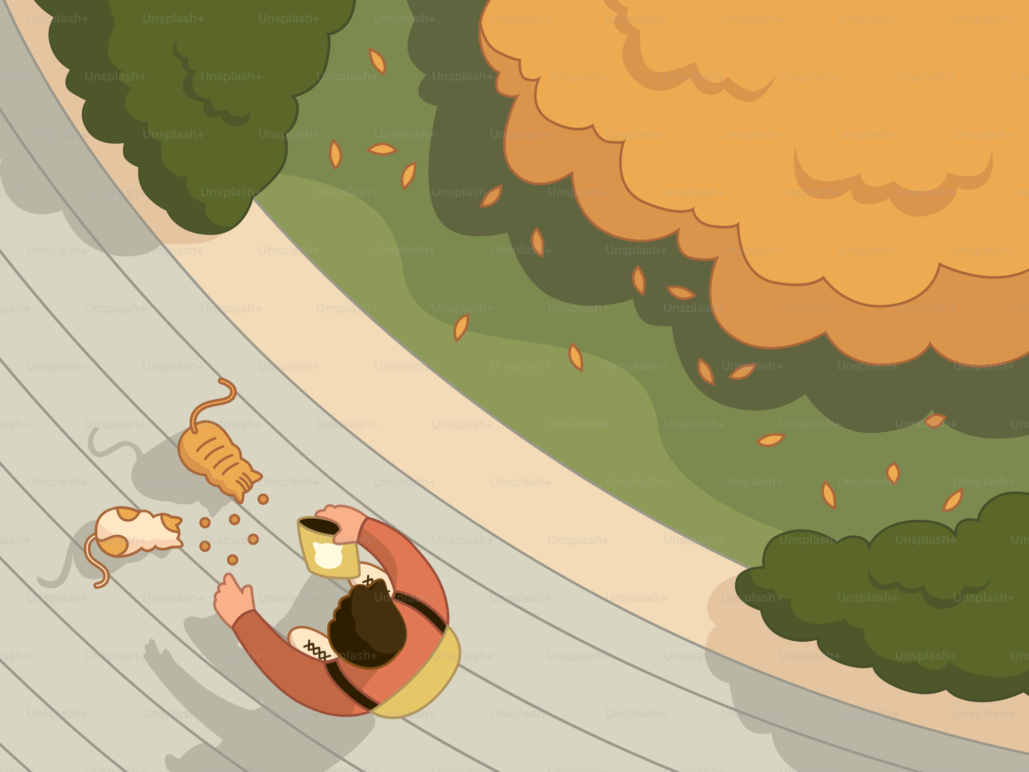 A person is feeding cats outdoors.