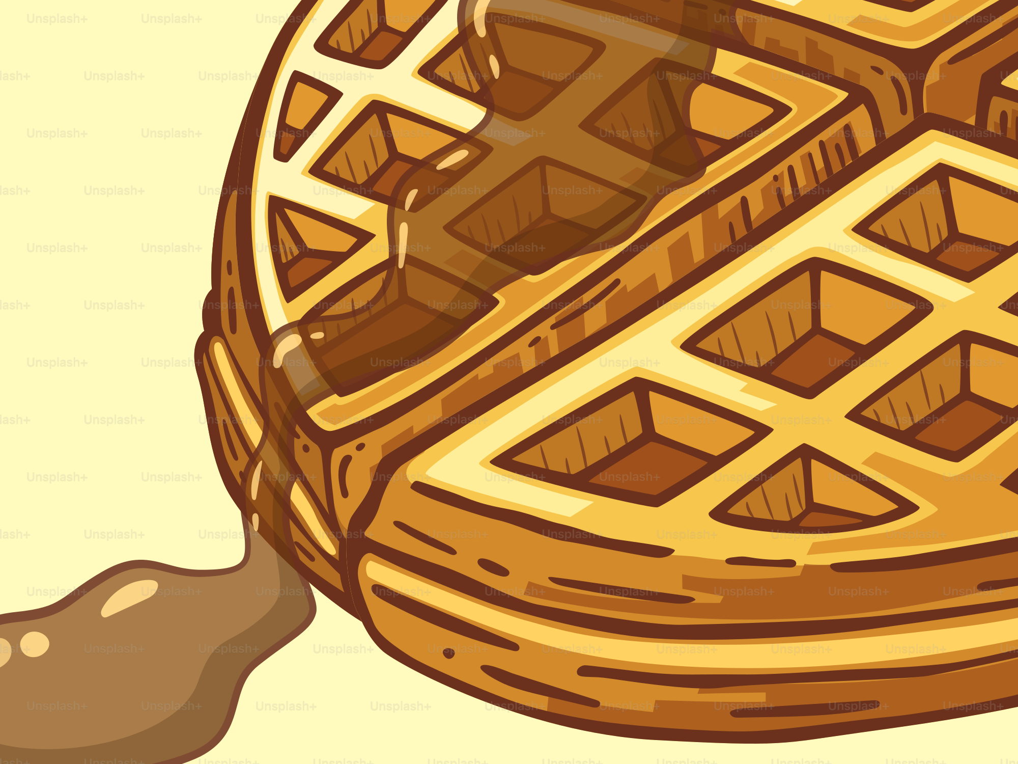 A golden waffle is dripping with syrup.