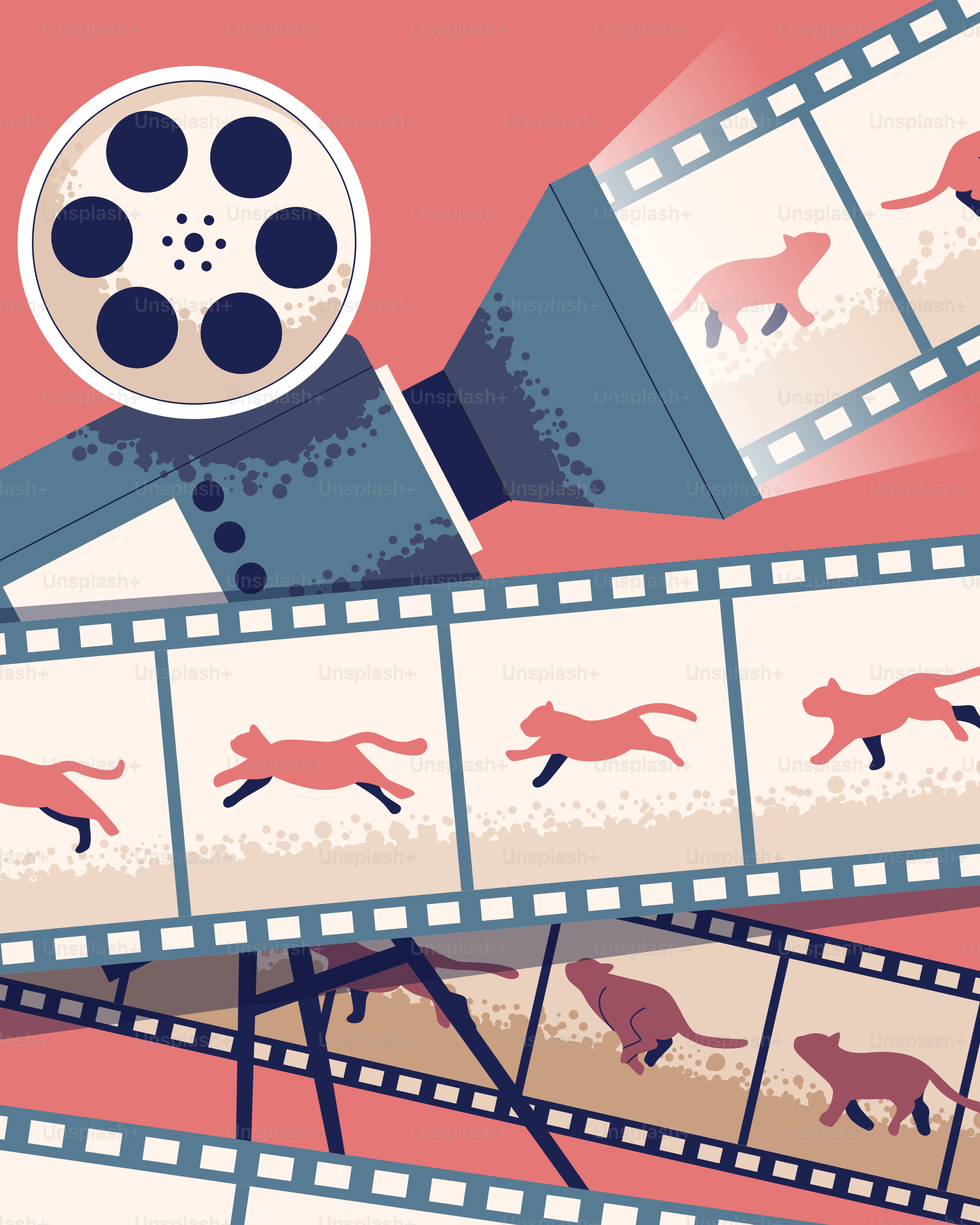 A film reel shows animated cats in motion.
