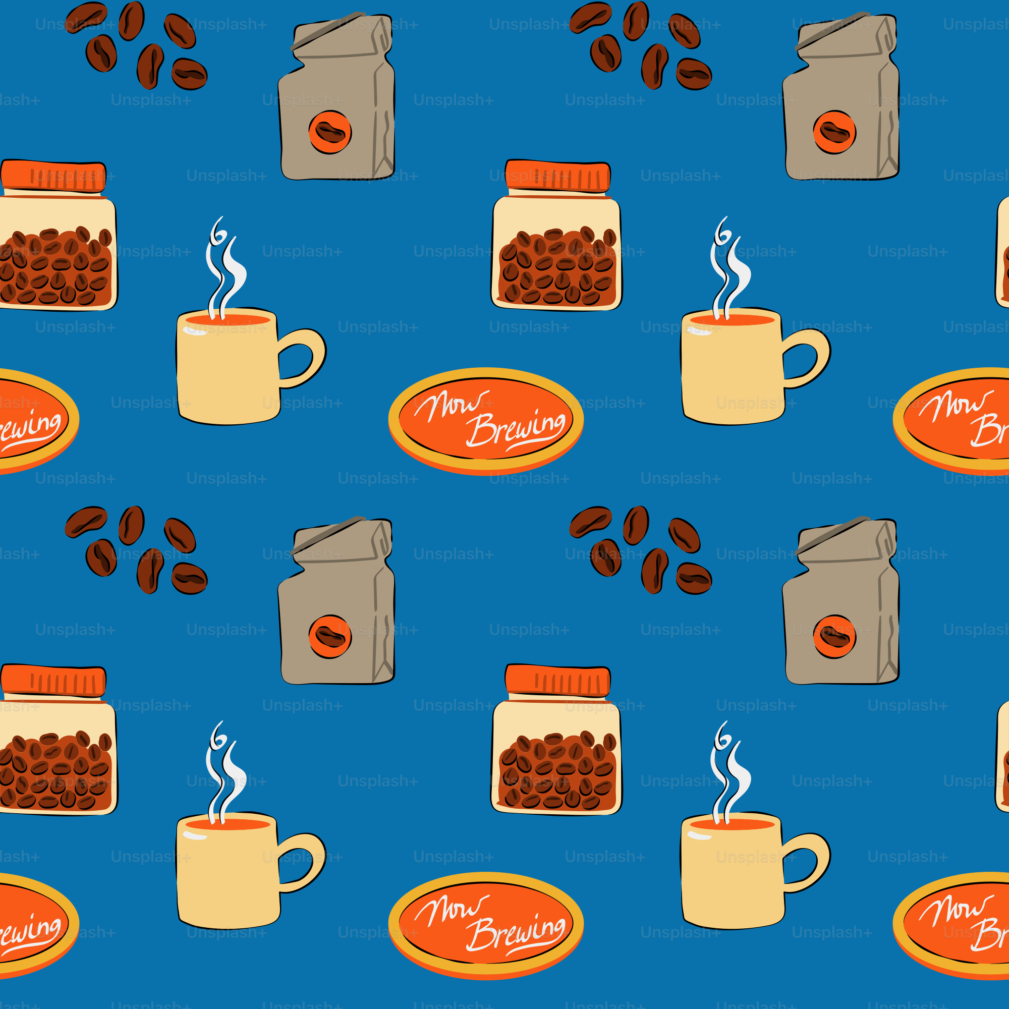 Coffee-themed pattern features coffee beans and cups.