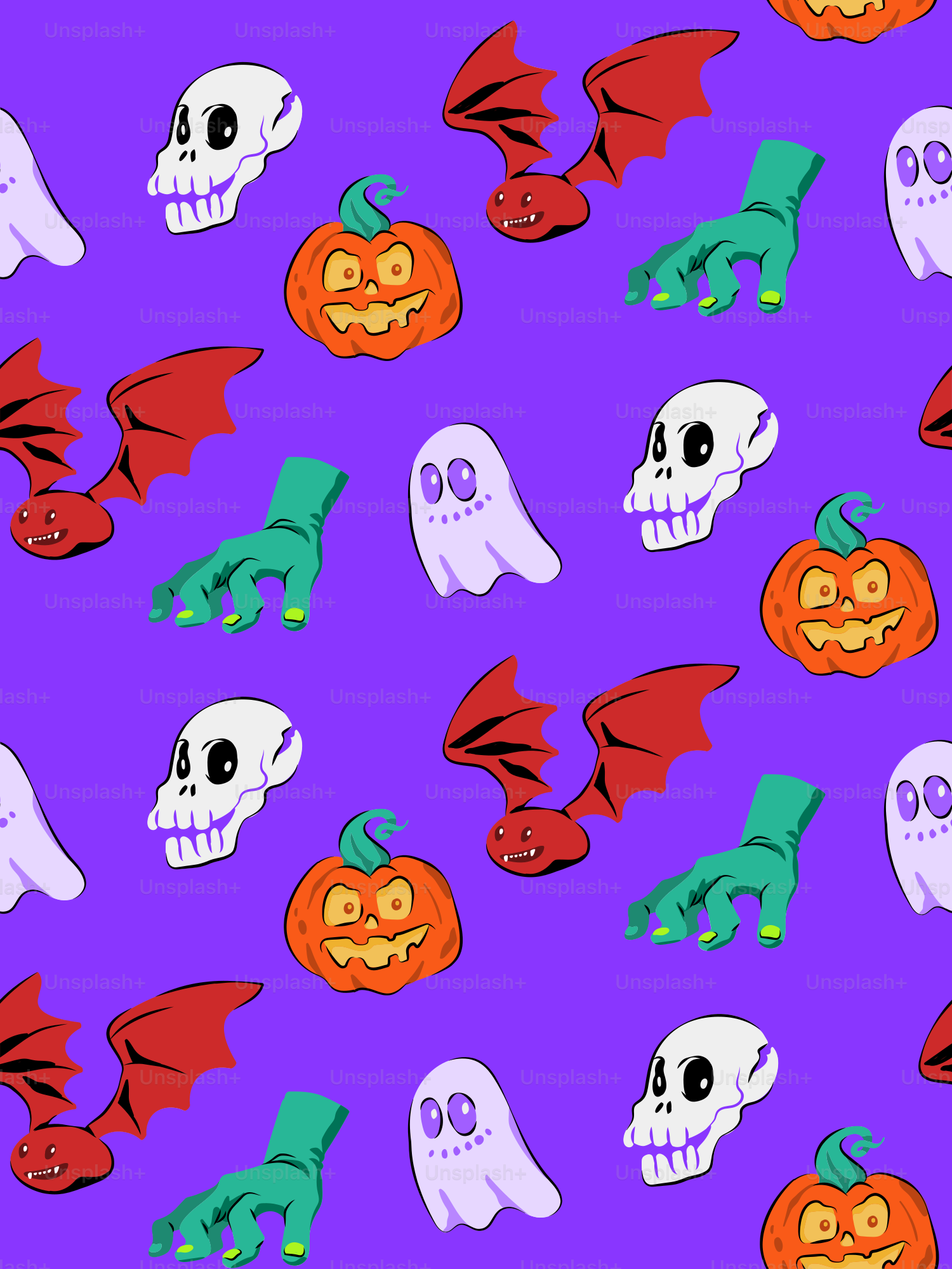 Halloween-themed pattern with pumpkins, bats, and ghosts.
