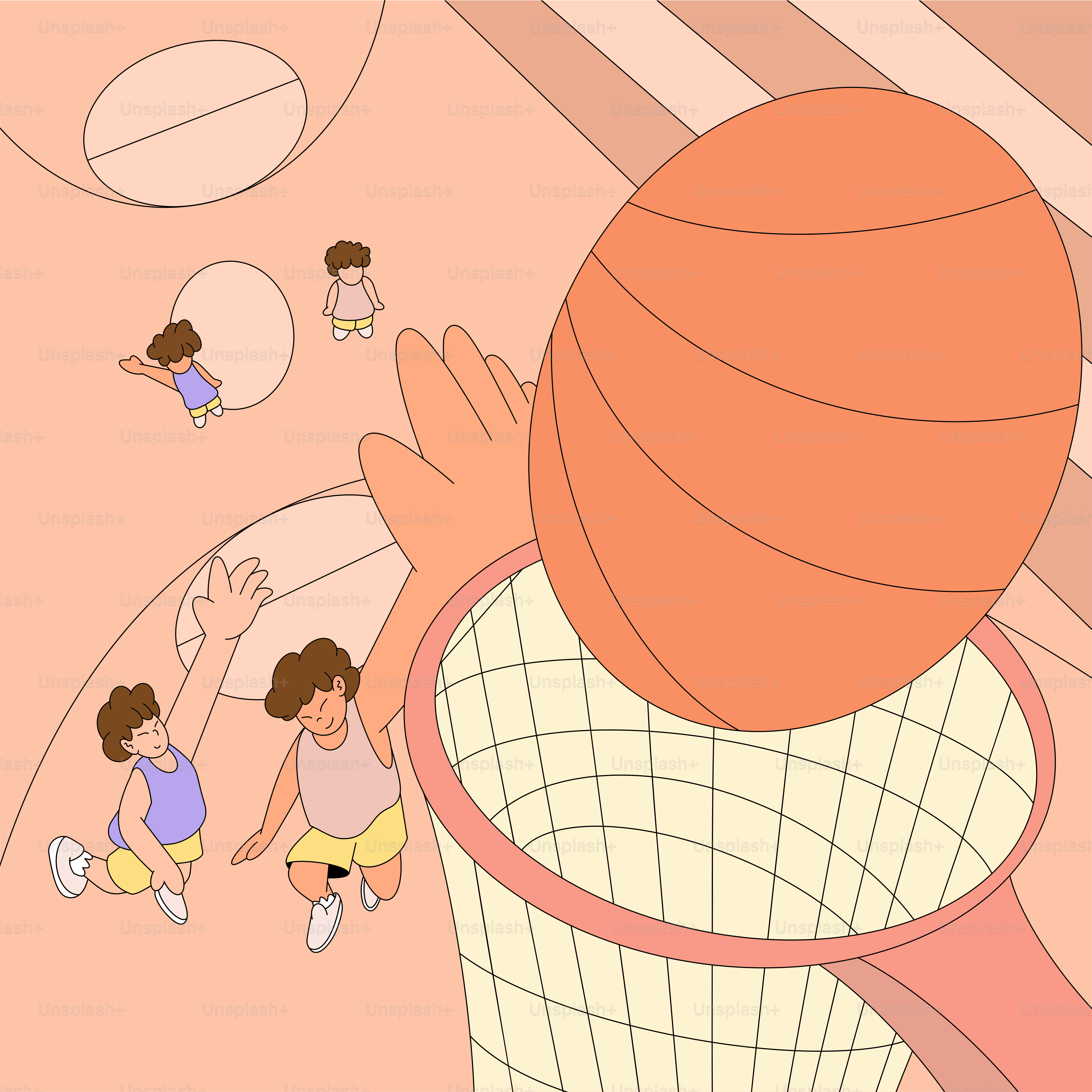 Kids are playing basketball in a warm-toned drawing.
