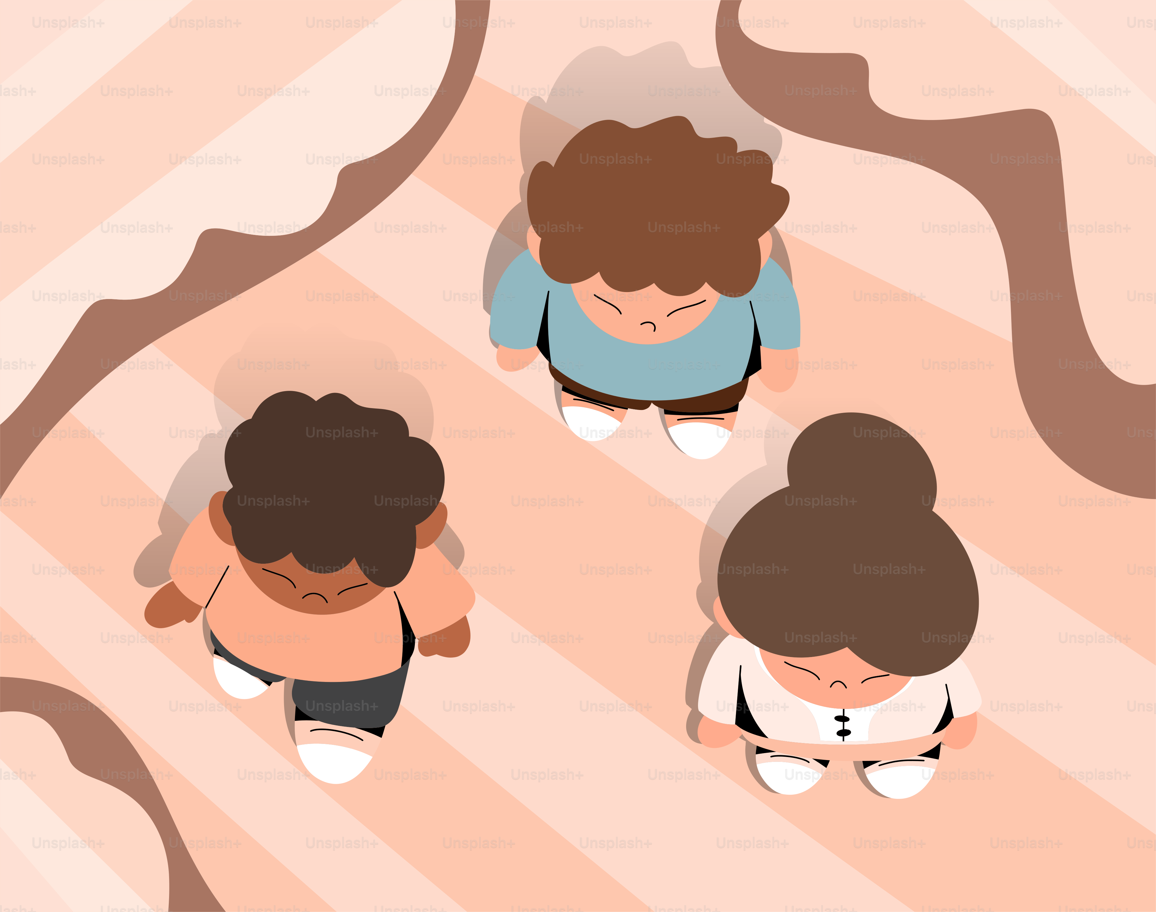 Three figures are seen looking down
