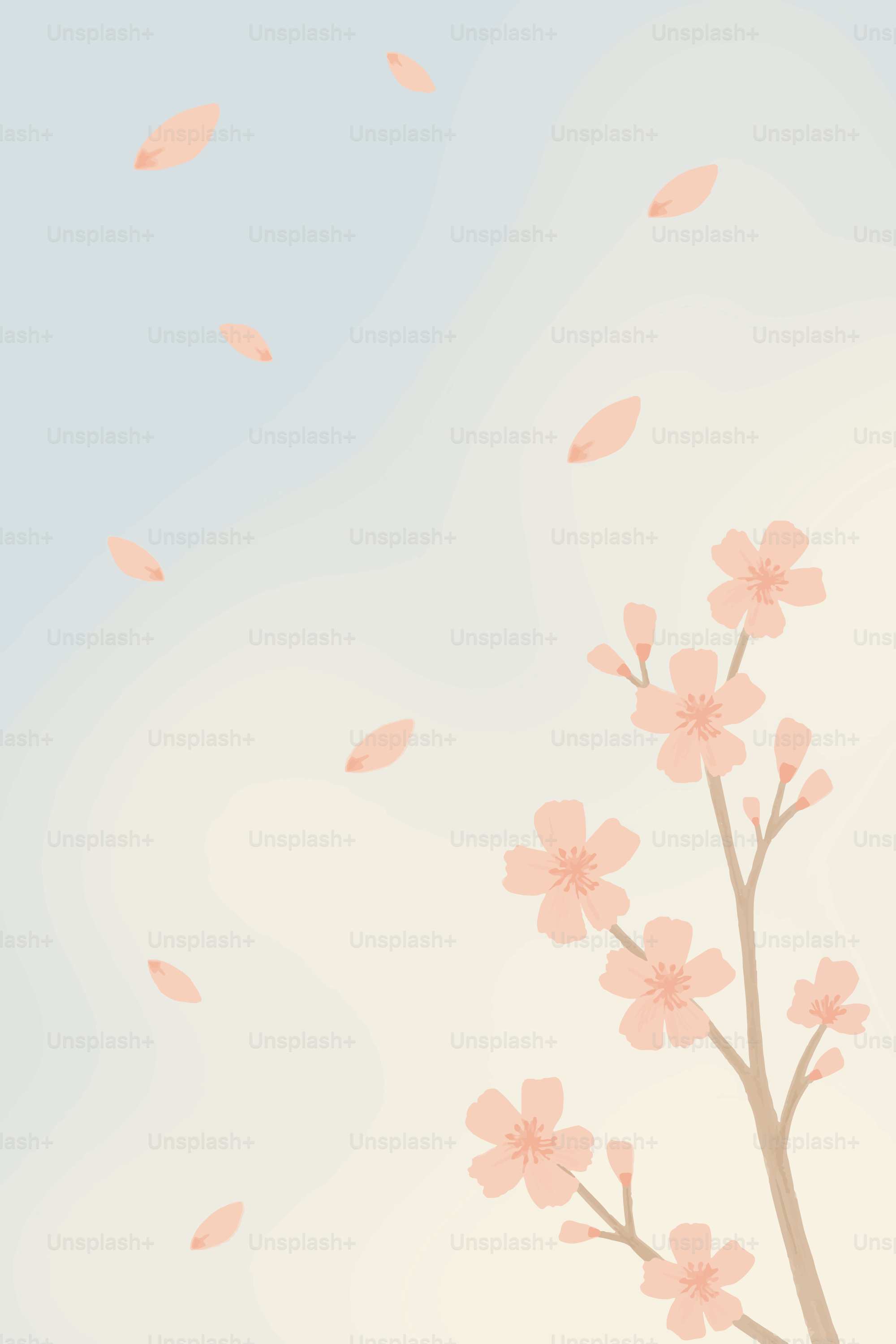 Cherry blossoms and petals drift in the wind.