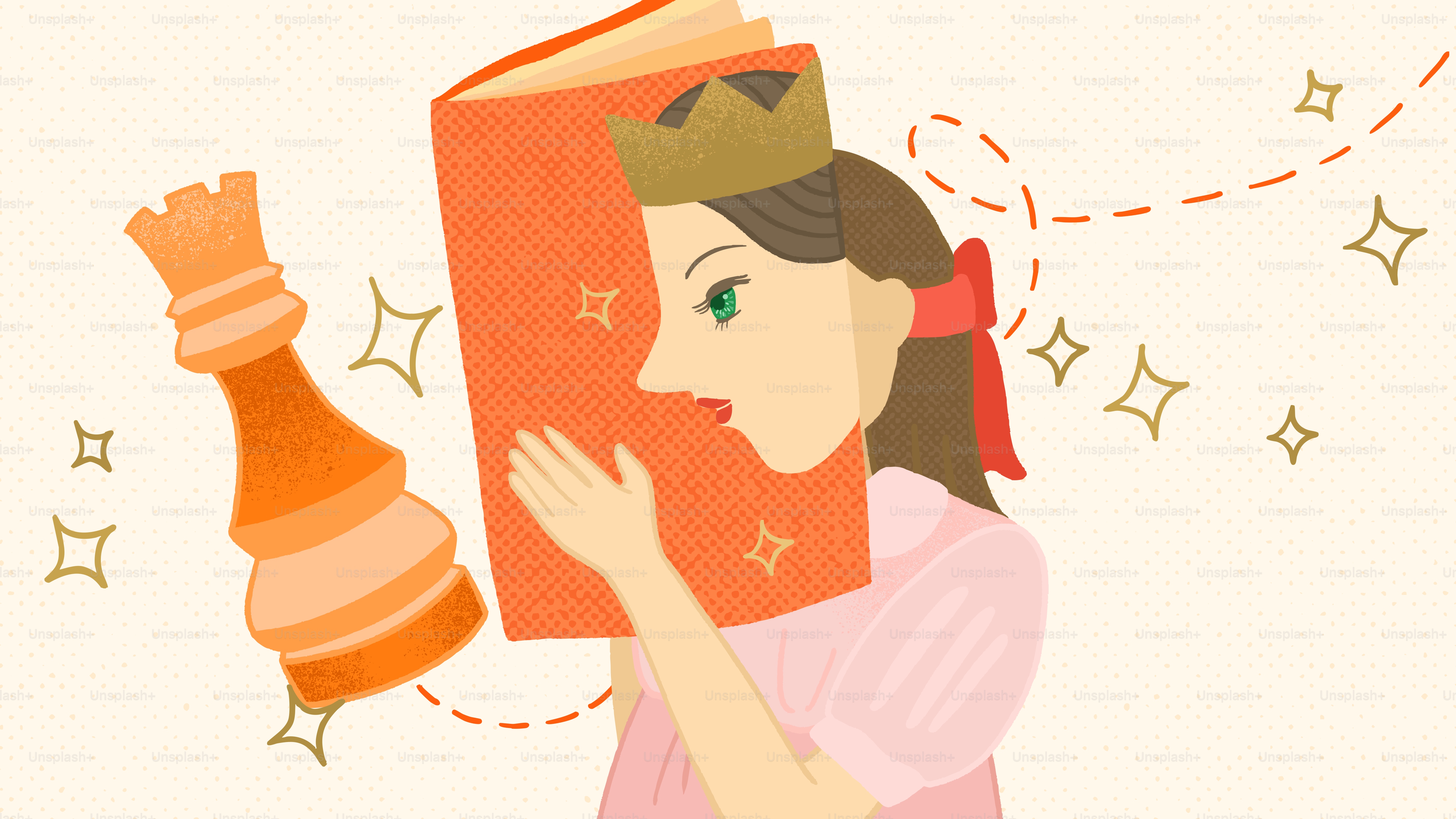 A queen reads a book with a chess piece.