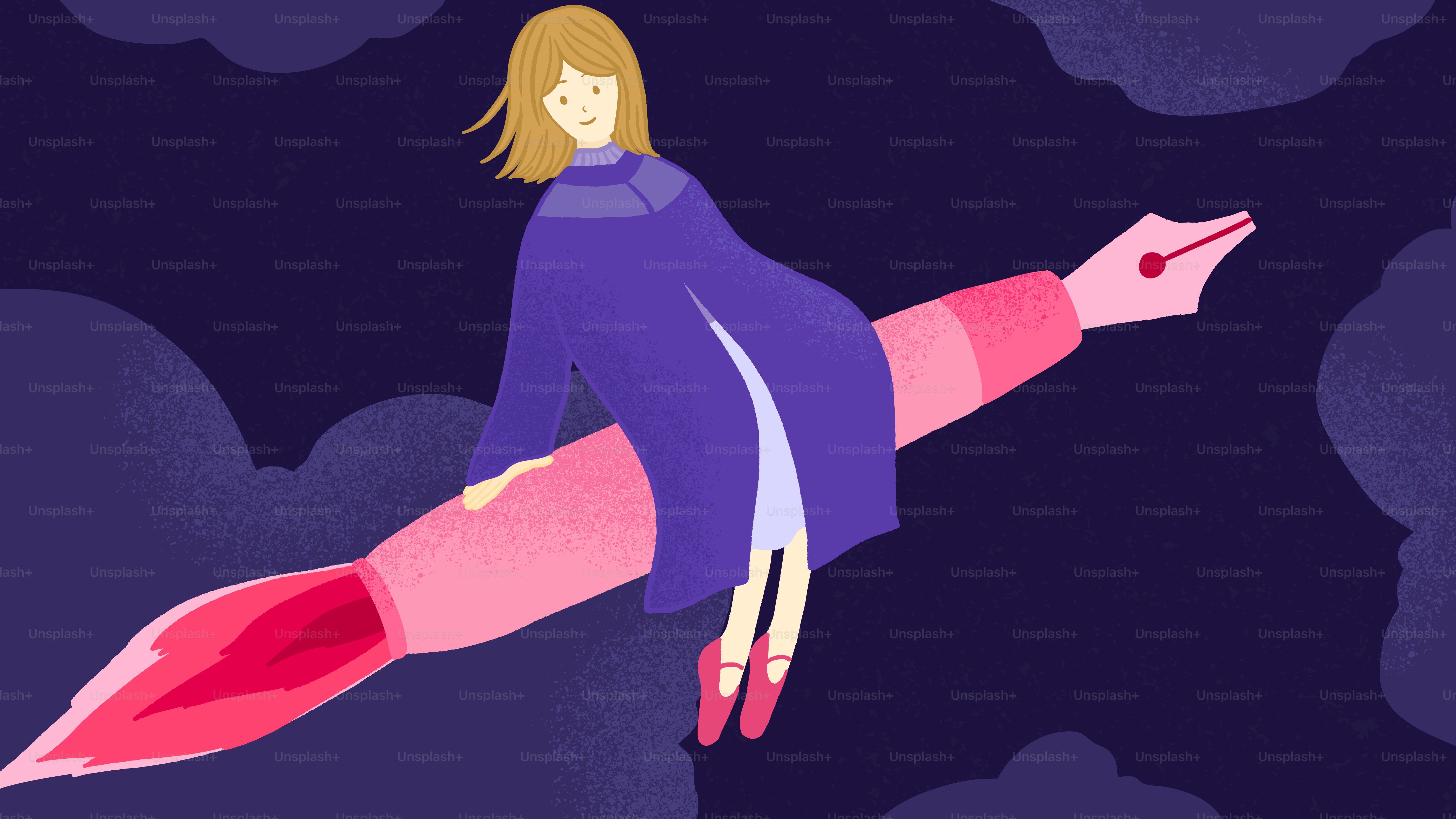 ロケット型のペンに乗って雲の中を進む女性。