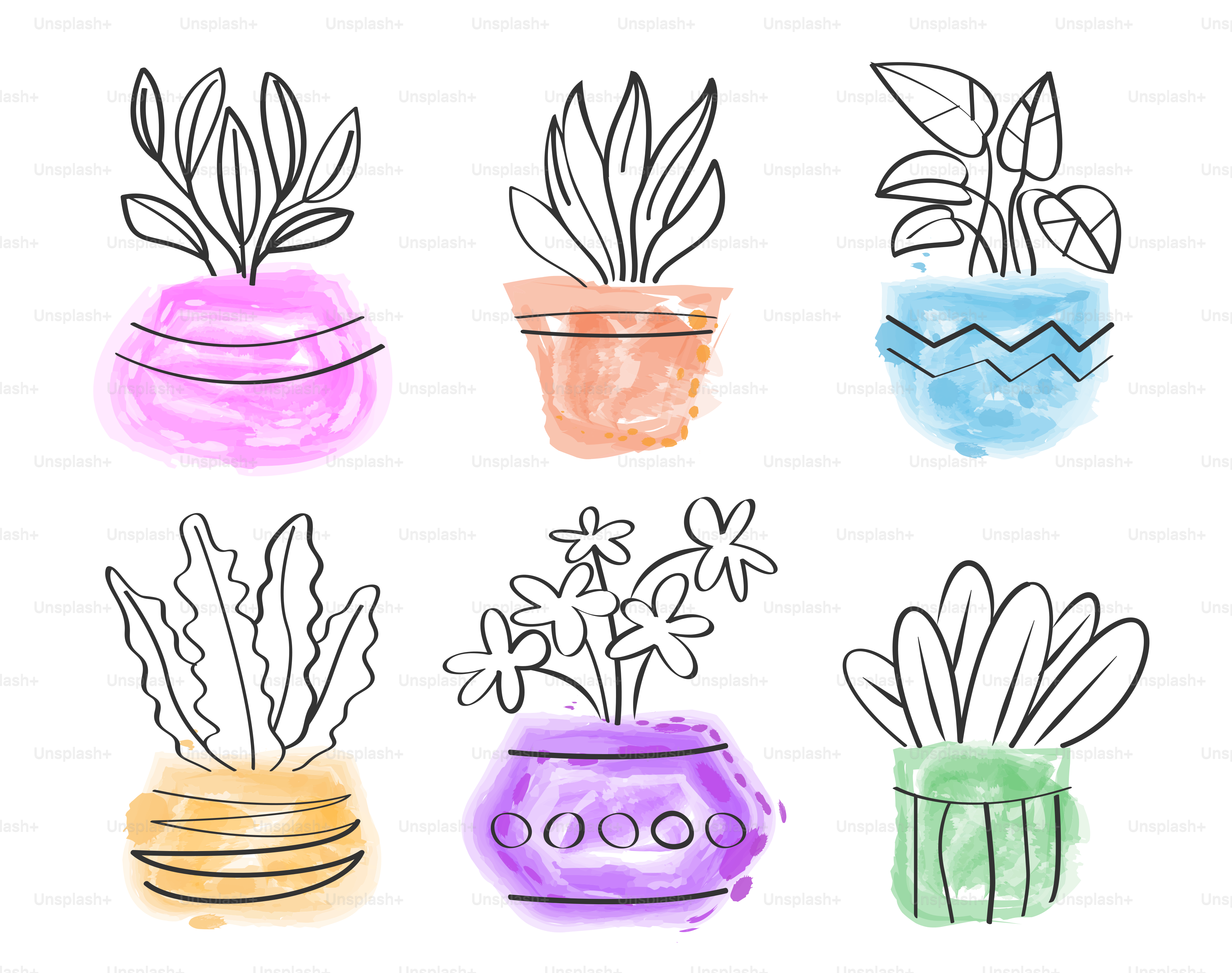 Vasos de plantas em aquarela em uma variedade de cores.
