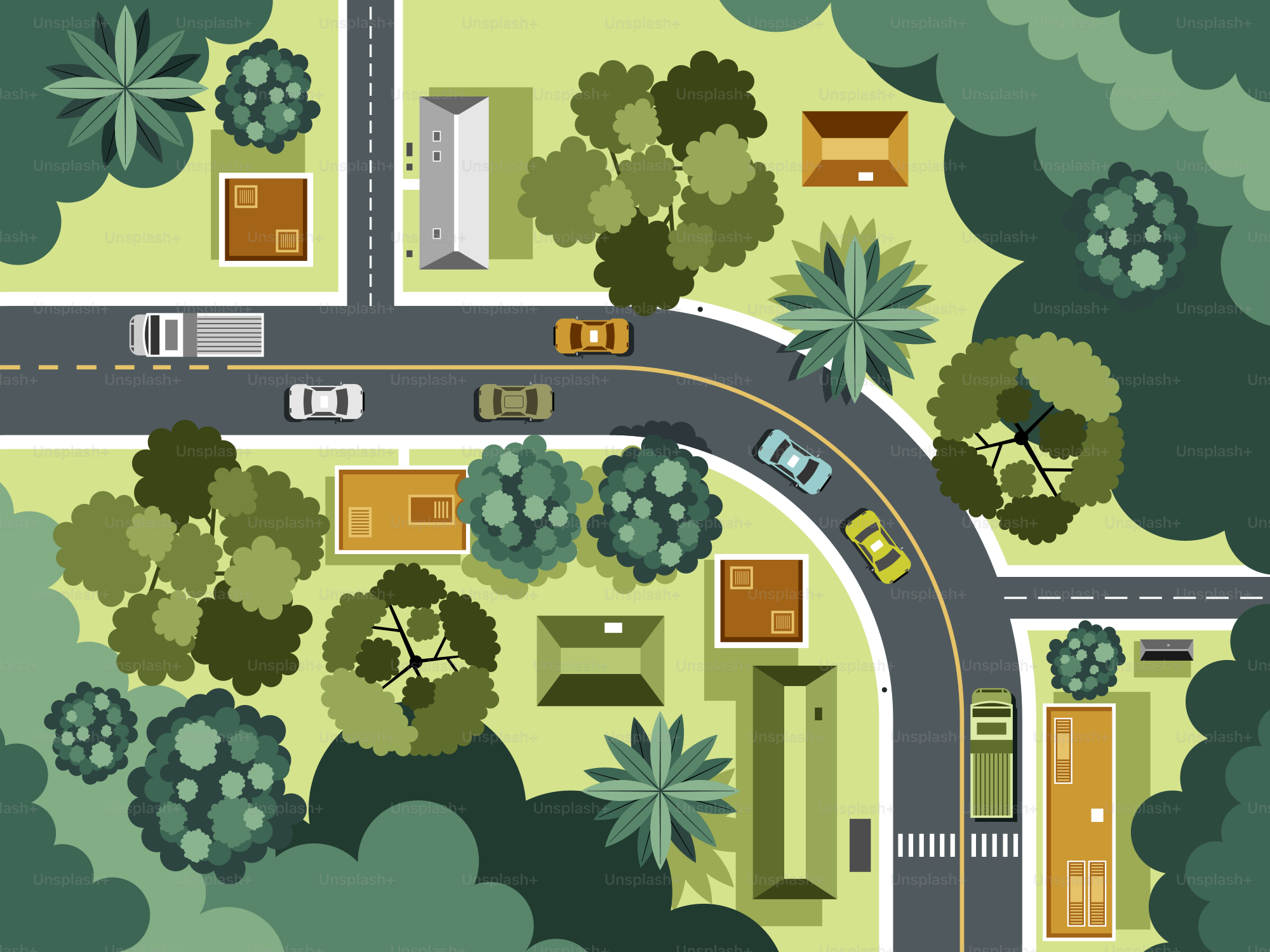 Une vue aérienne d’une ville avec des maisons et des routes.