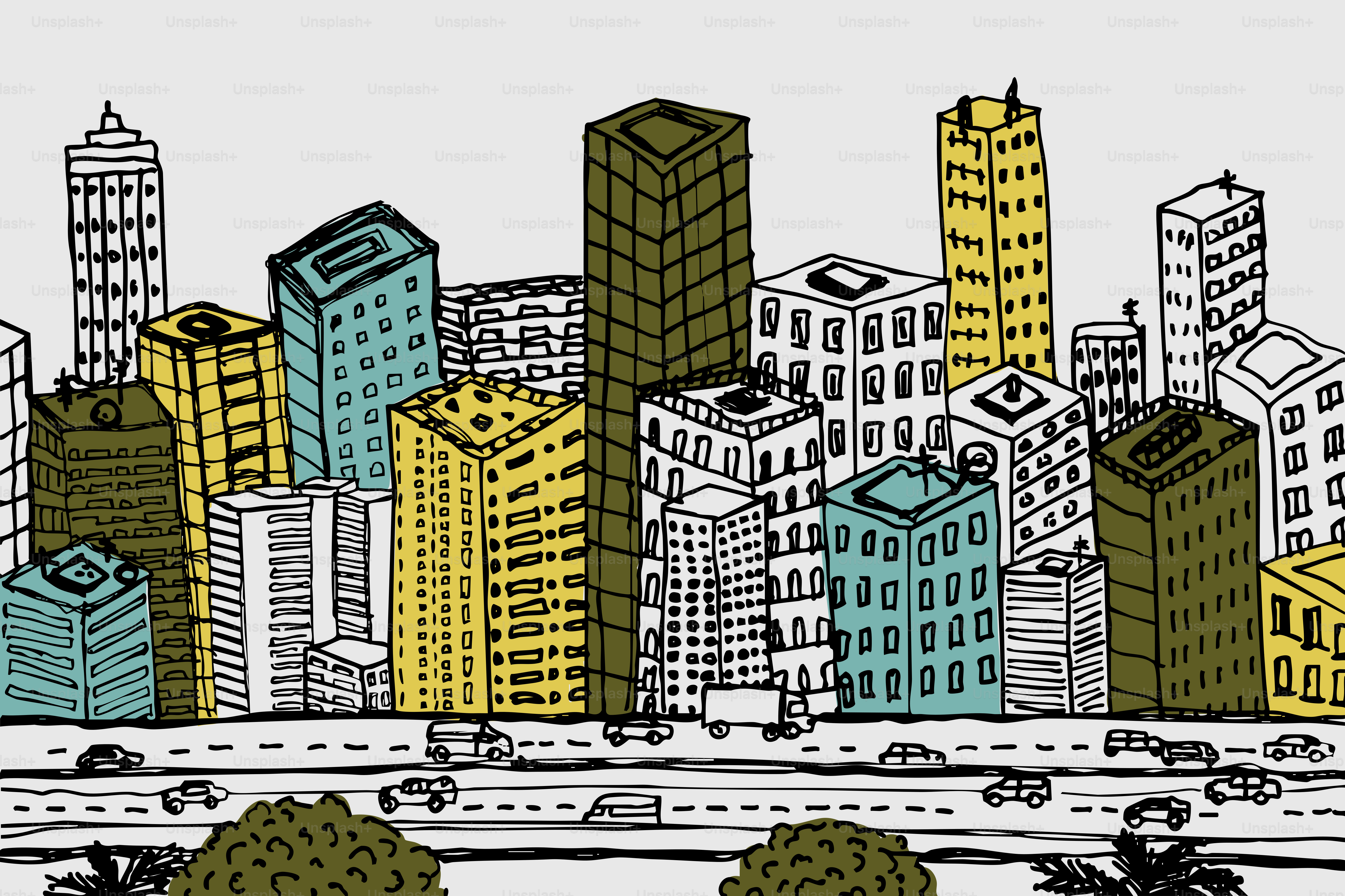 Cityscape illustration featuring colorful buildings and roads.