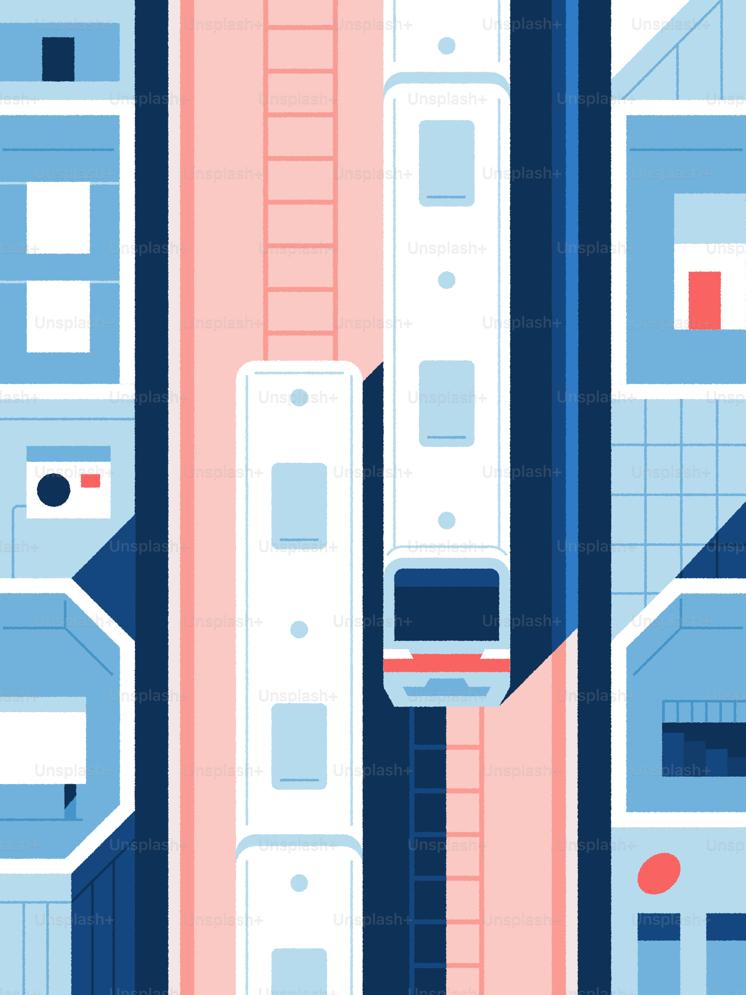 Trains run through the city from an aerial view.