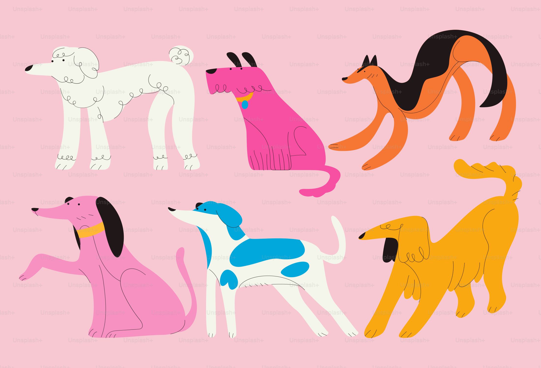 Cartoon dogs of various colors and poses.
