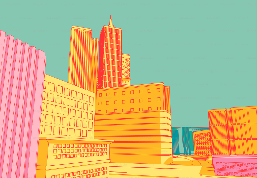 Un paisaje urbano colorido y abstracto bajo un cielo verde azulado.