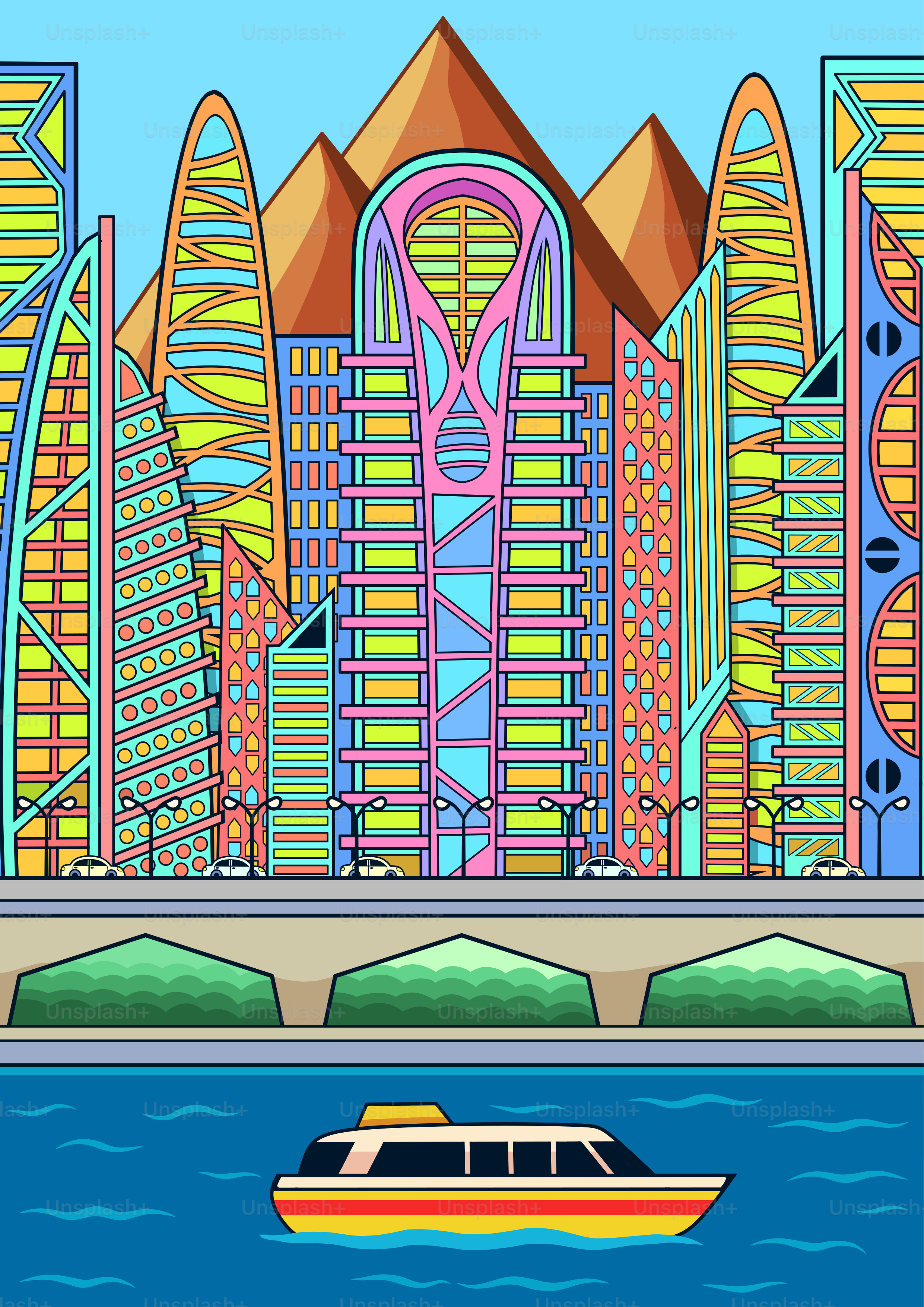 A futuristic city is shown with colorful skyscrapers.