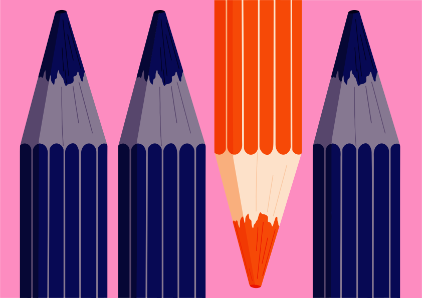 An orange pencil stands out among blue ones.