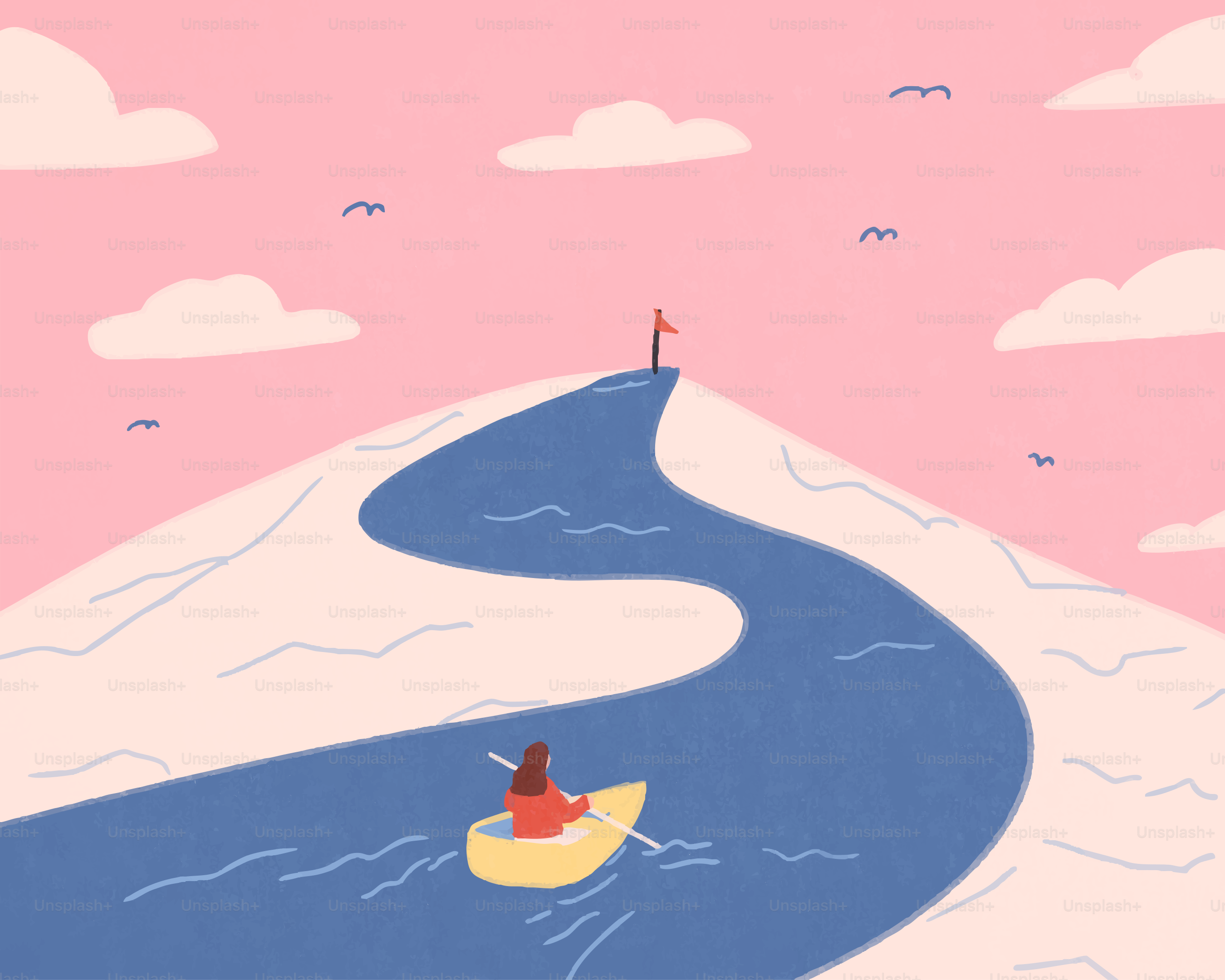 Woman rows a boat to a mountain peak.
