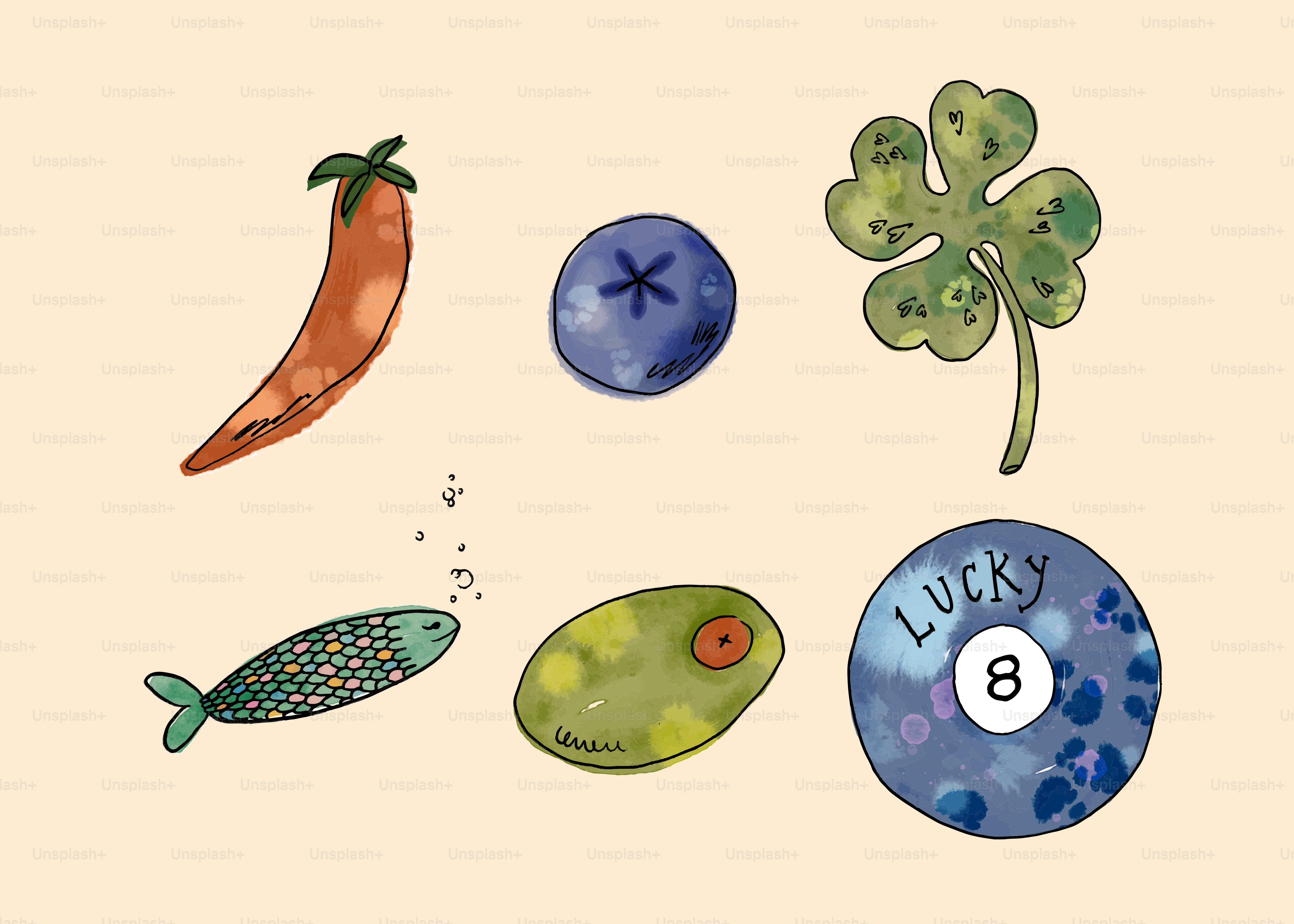 Ilustración en acuarela de varios amuletos de la suerte y comida.