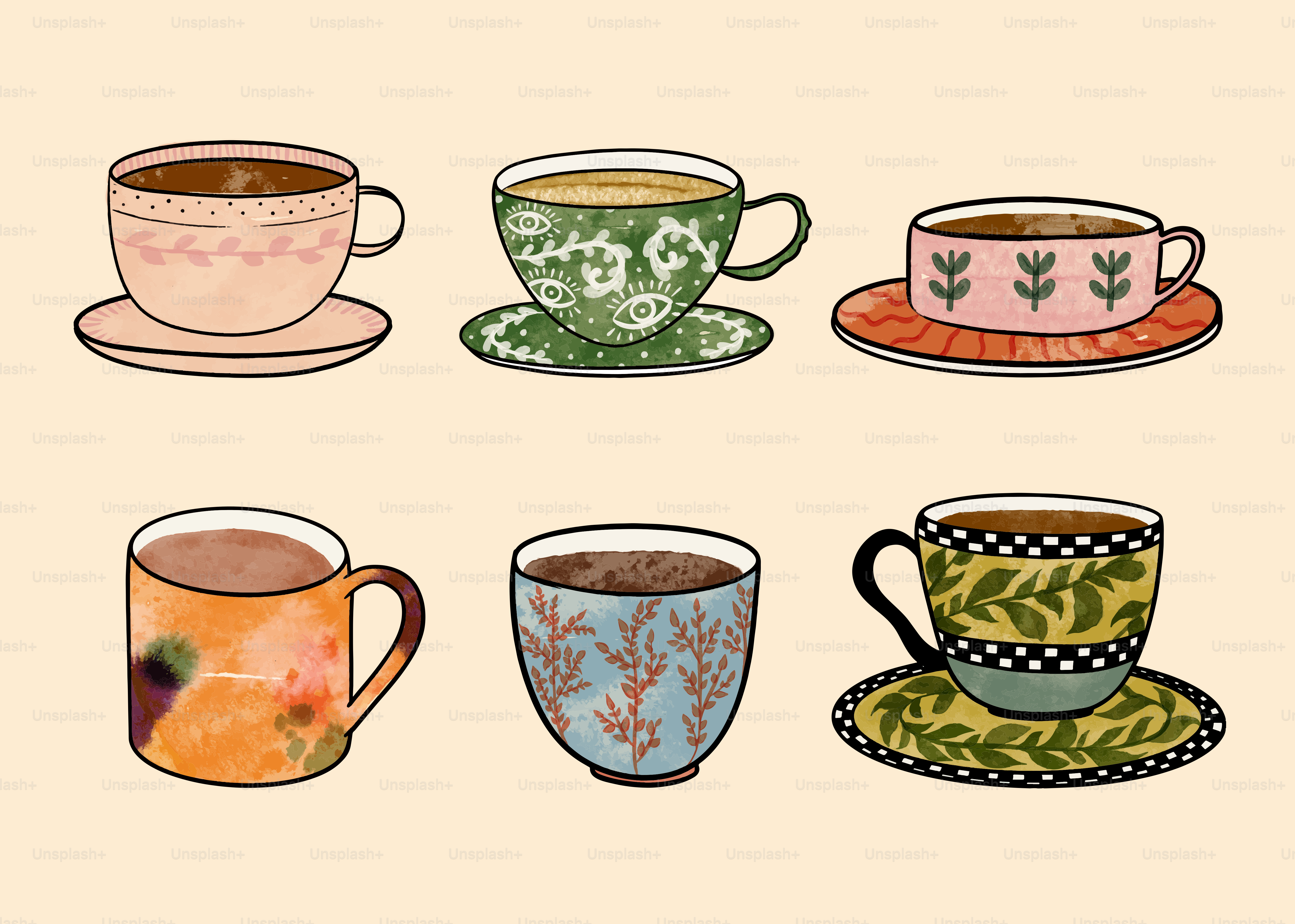 Sechs dekorierte Becher gefüllt mit Getränken.