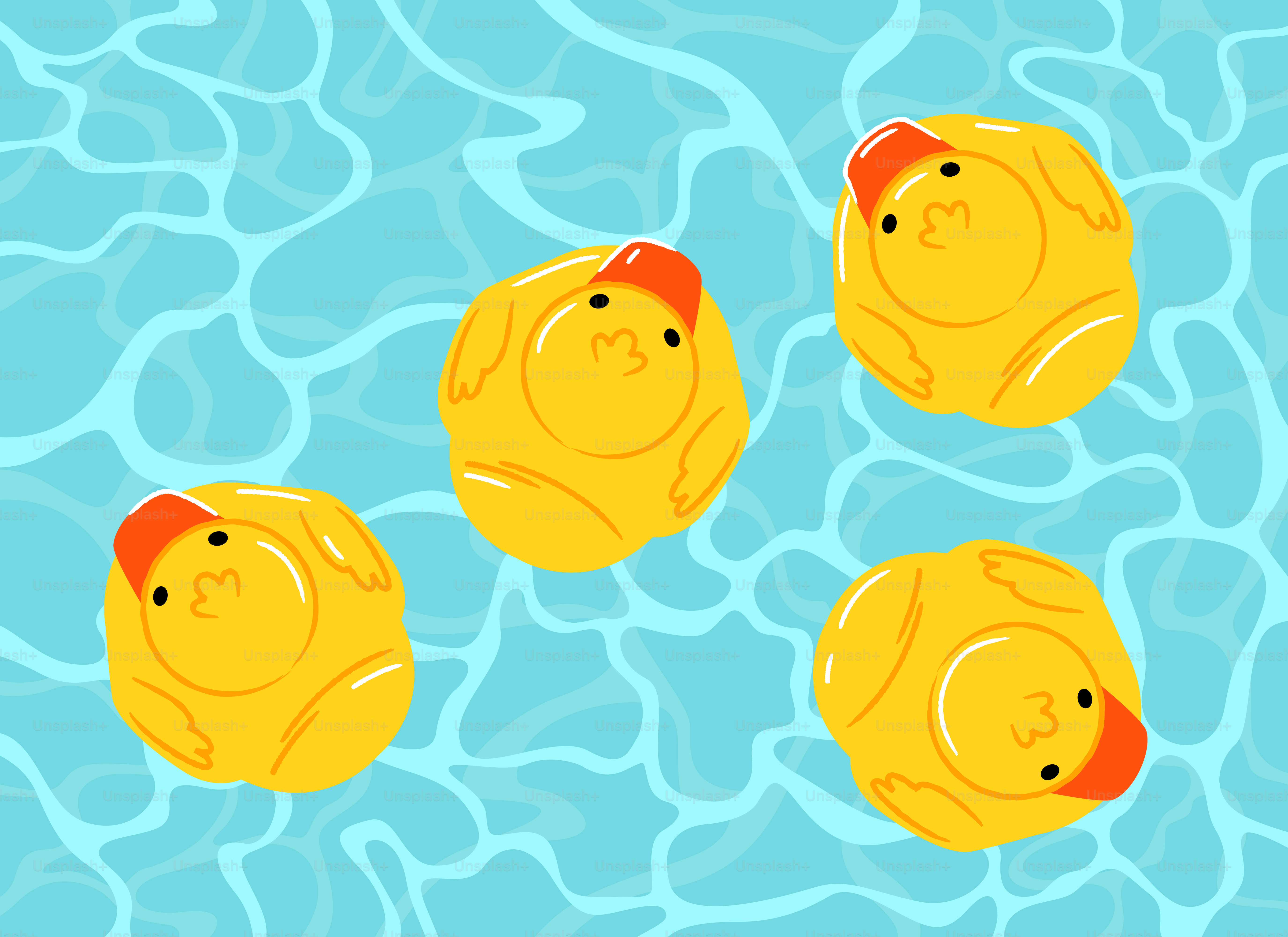 Vier niedliche Enten treiben im blauen Wasser